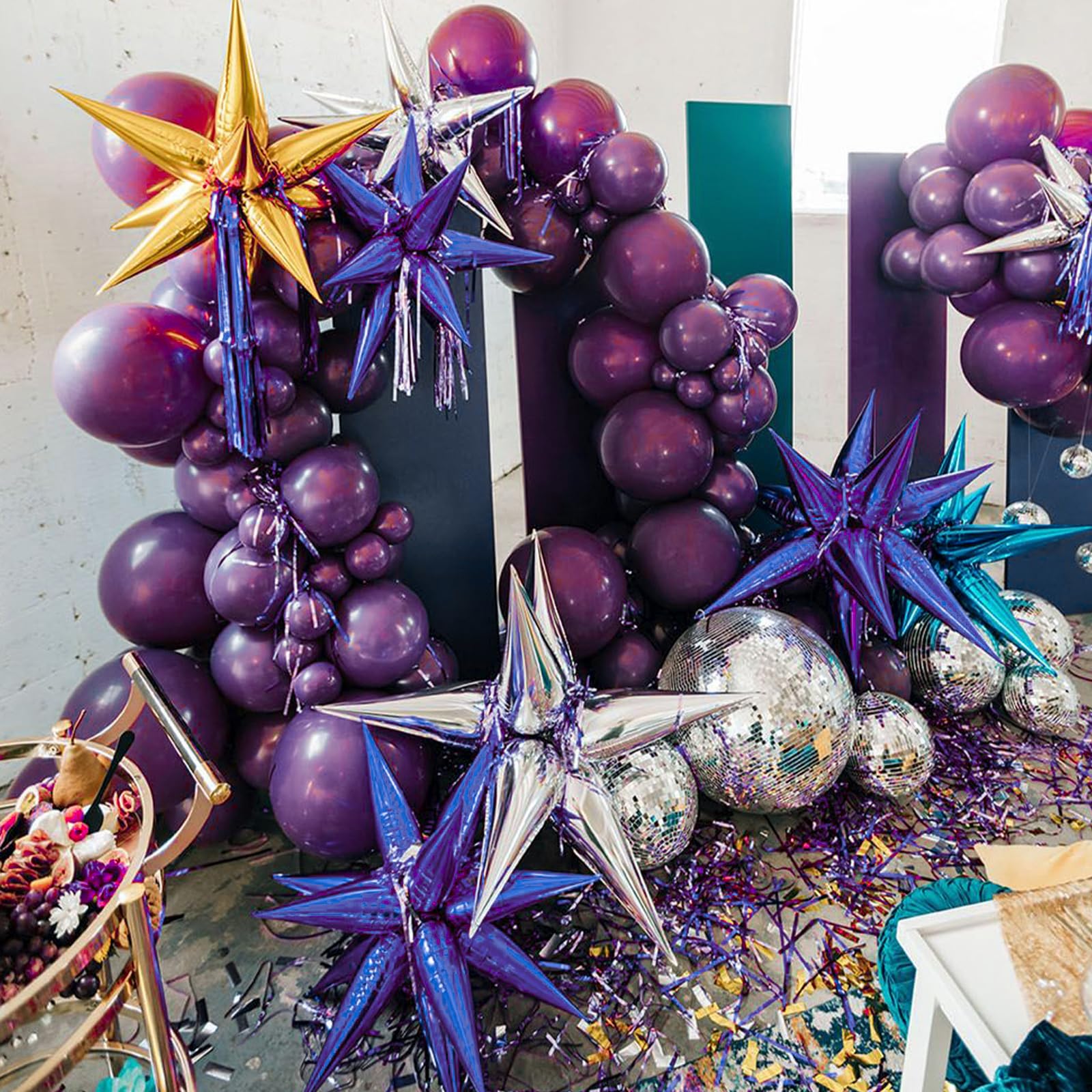 PartyWoo Dark Purple Balloons 110pcs Different Sizes 18 12 10 5 Inch Pack 22 Inch Purple Starburst Spike Star Explosion Foil Mylar Balloon Arch Kit for Birthday Wedding Party Decorations Purple-Y16