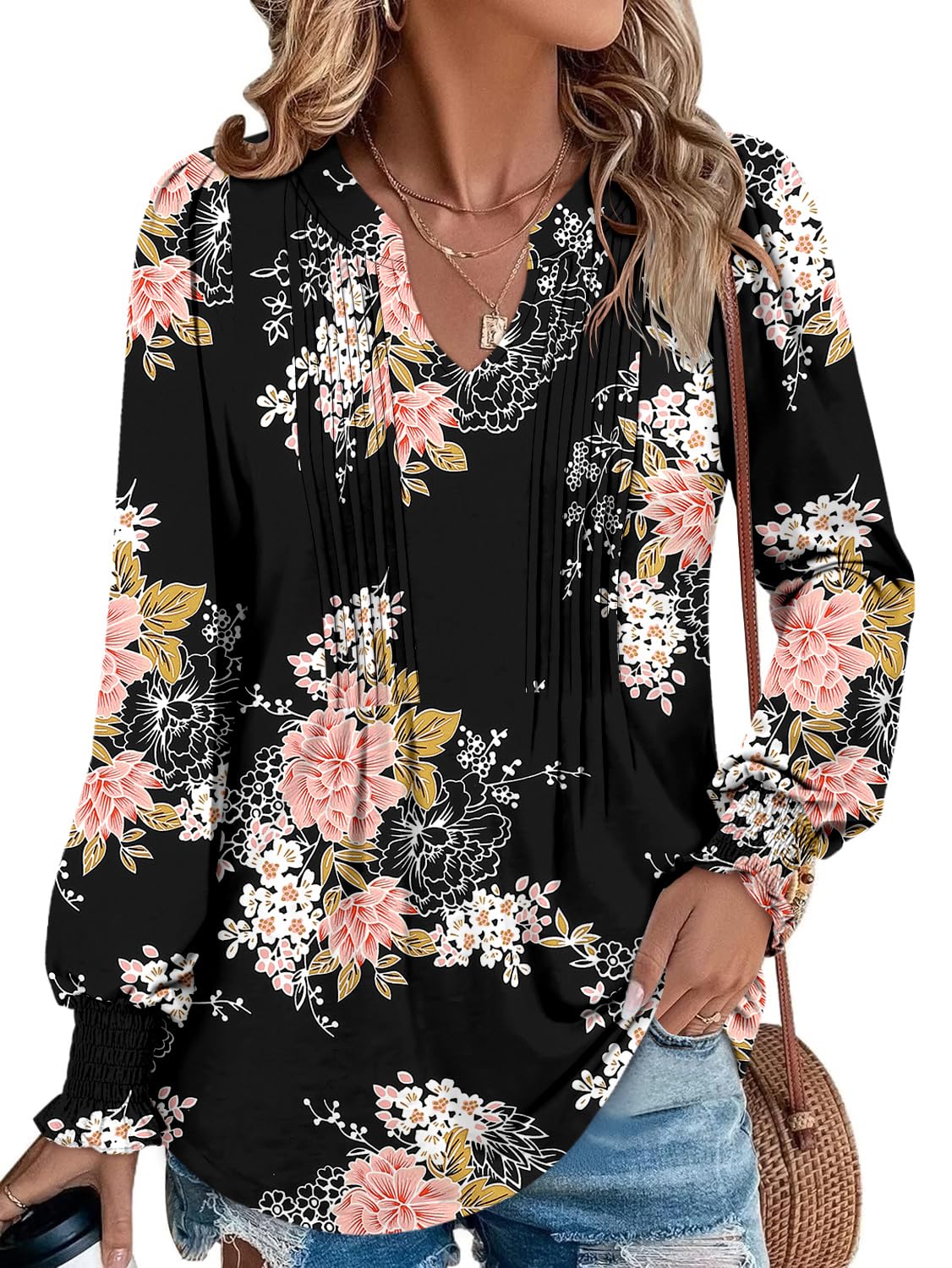 BETTE BOUTIK ladies fall tops and blouses 2024 loose fit long sleeve v neck shirts womens long sleeve tops Pink Peony Large