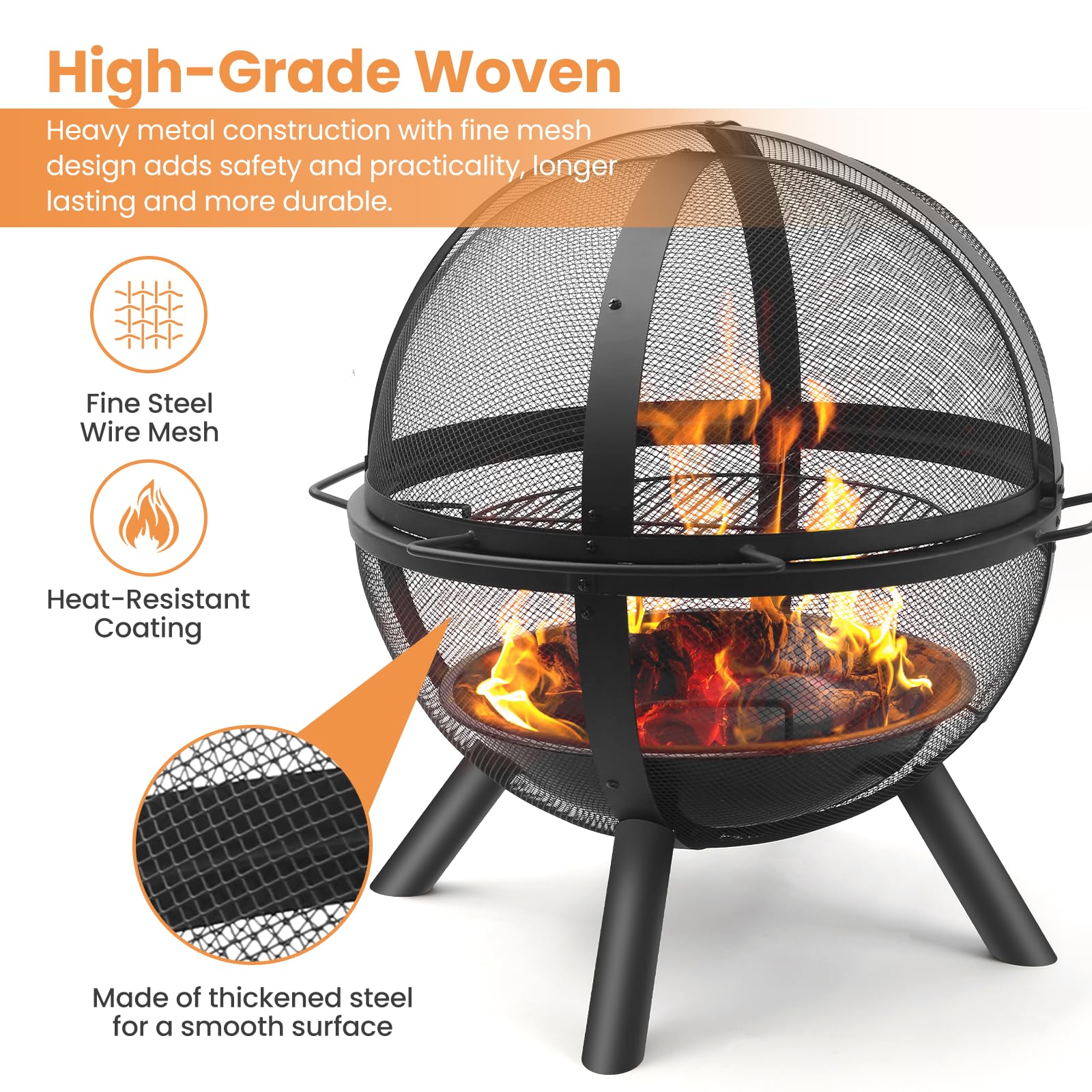Ikuby Ball of Fire Pit fire Ball with BBQ Grill fire Globe Pit Large Round fire Pit,Patio Fire Pit Fireplace for Camping, Heating, Bonfire and Picnic, Black, 33.85*32.67*35in, (BLKFP-001)