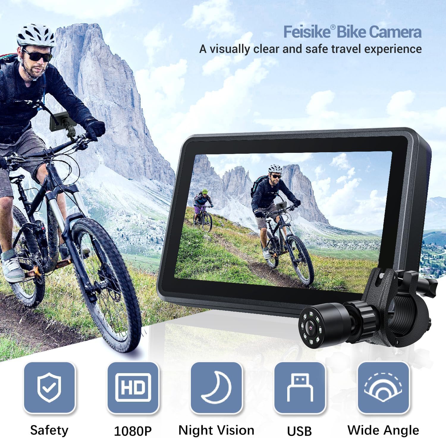 FEISIKE Handlebar Bike Mirror, Bicycle Rear View camera with 4.3'' HD Night Vision Function, 145° Wide Angle View, Adjustable Rotatable Bracket, Compatible with Bicycle, Mountain, Road Bike