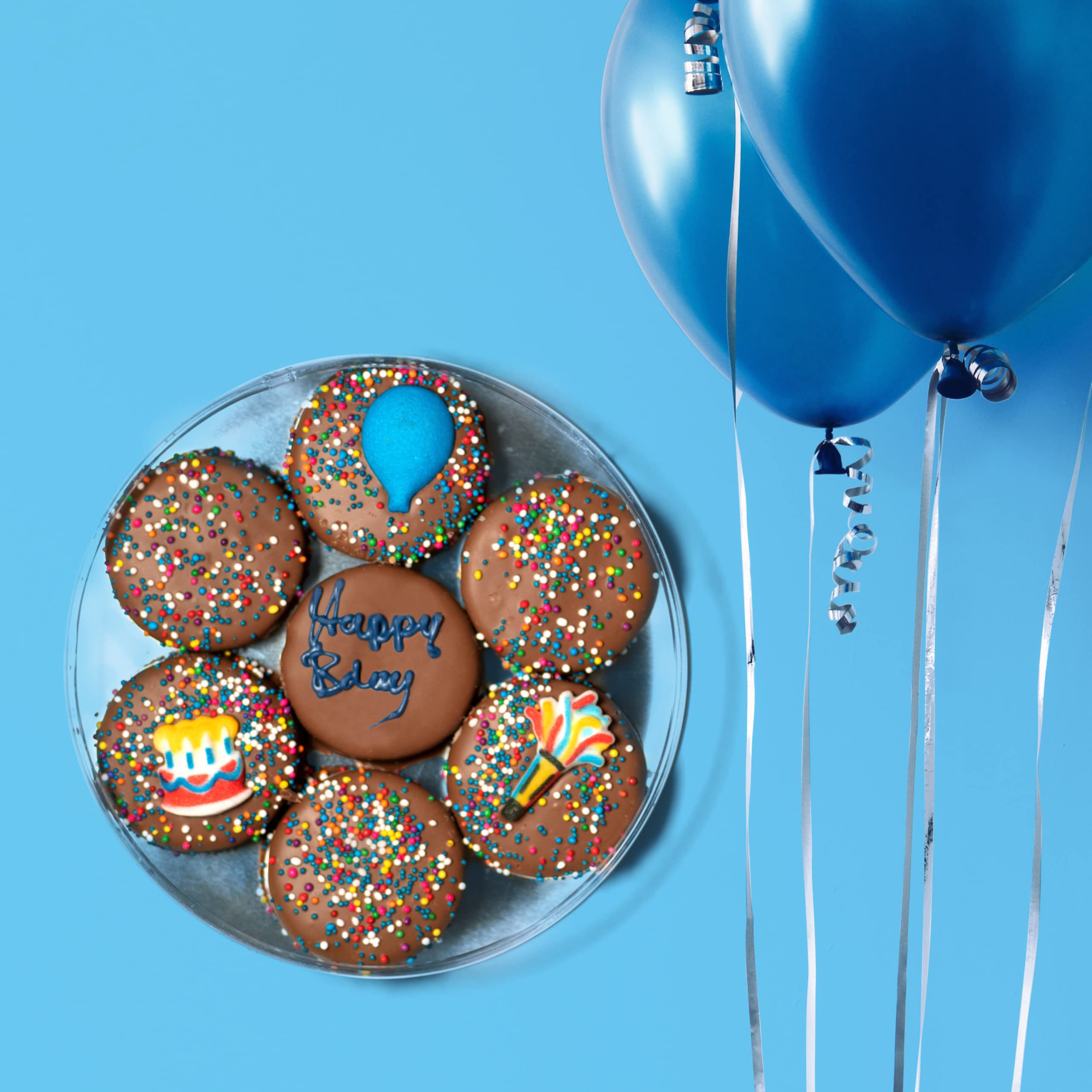 Happy Birthday Milk Chocolate Covered Sandwich Cookies, Custom 7 Pc. Blue Gift Basket, Fresh Hand Decorated Assortment, Sweet Multi-Layered Sandwich Treats for Kids and Adults