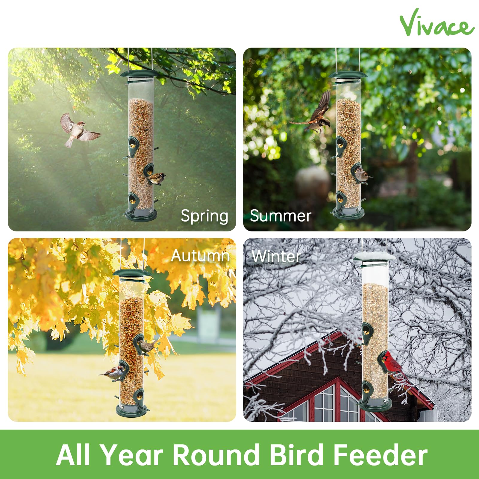 Vivace Bird Feeder, 2 Pack Classic Tube Bird Feeders for Outdoors Hanging Bird Feeder with 6 Feeding Ports, 2LB Seed Capacity Wild Bird Feeders, 14Inches,Premium