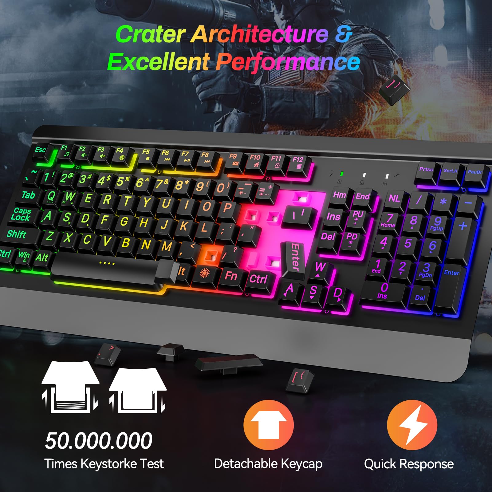 Gaming Keyboard with Large Print Keys, 7-Color Rainbow LED Backlit, Quiet Light Up Computer Keyboard with All-Metal Panel, Wrist Rest, Anti-Ghosting Multimedia Keys, USB Wired Keyboard for PC Mac Xbox