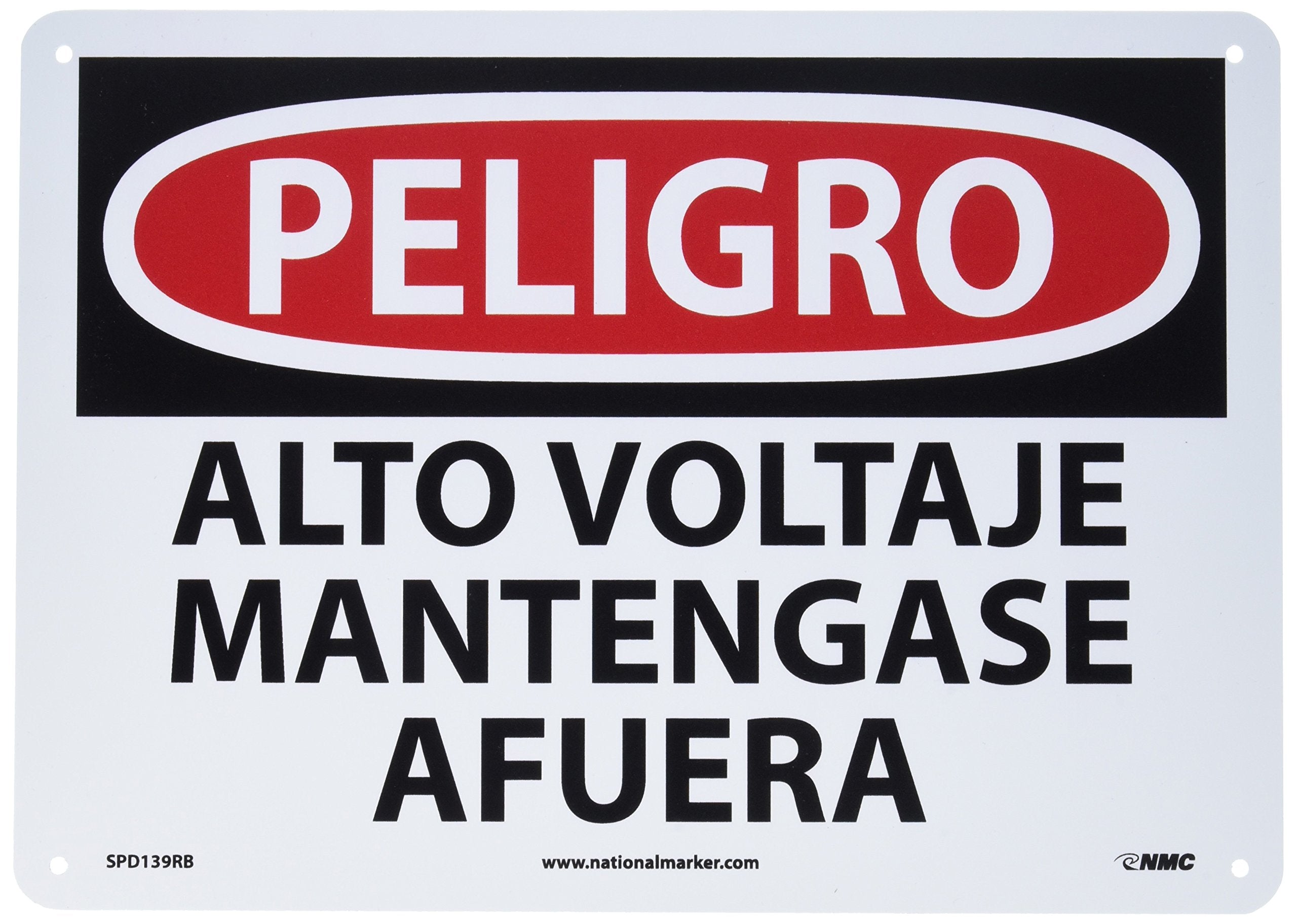 NMC SPD139RB OSHA Sign, Legend "PELIGRO - ALTO VOLTAJE MANTENGASE AFUERA", 14" Length x 10" Height, Rigid Plastic, Black/Red on White
