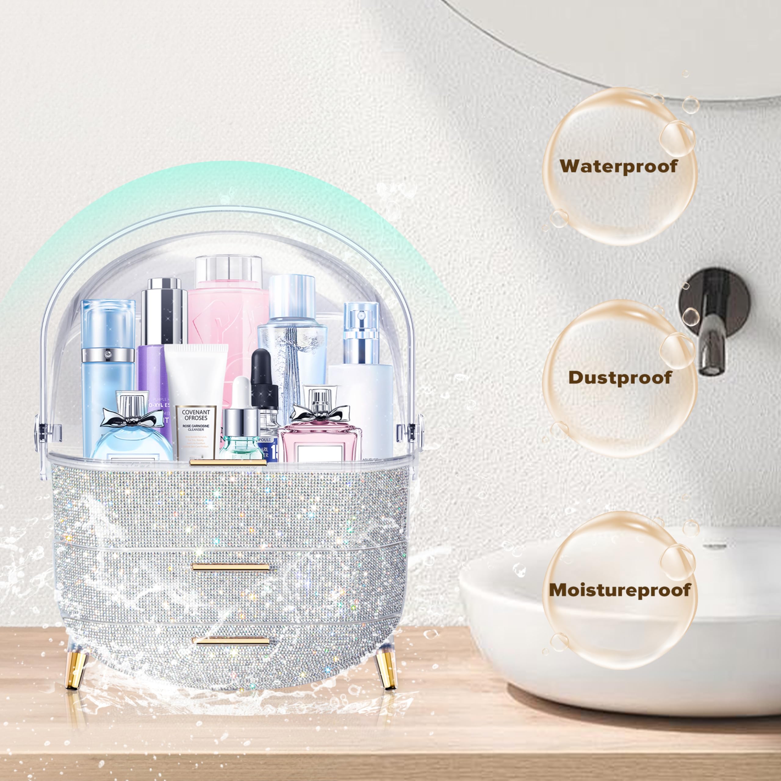 MASSY Egg Shape(Oval) Makeup Storage Box, Countertop Portable Vanity Cosmetics Organizer Preppy Style (Rhinestone)