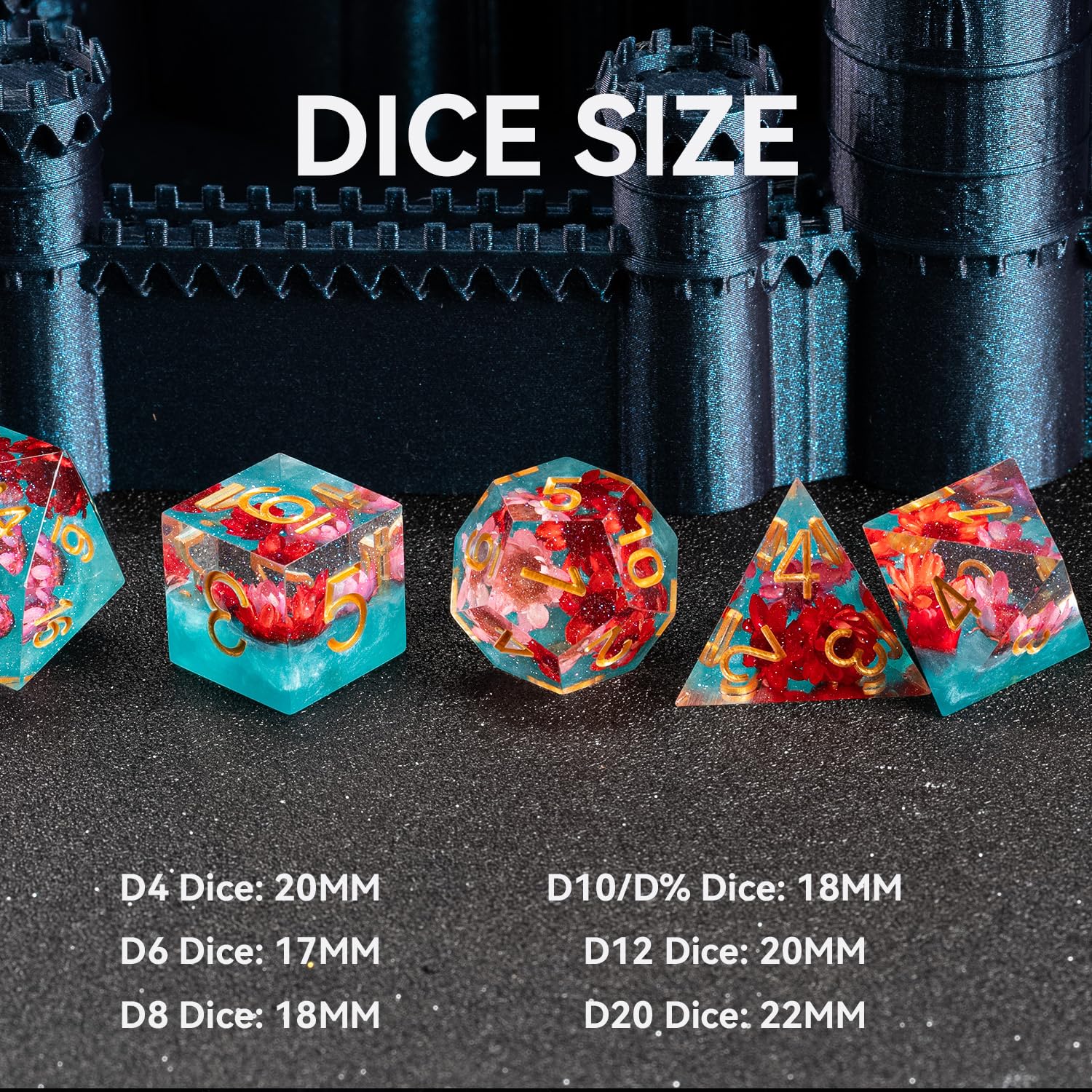 Fugacity DND Dice Set,Handmade Sharp Edge 7 Piece Resin Dice-Dungeons and Dragons Polyhedral Dice Set, D&D Dice Set with Gift Dice Case for RPG MTG Table Games(Red Flower & Blue)