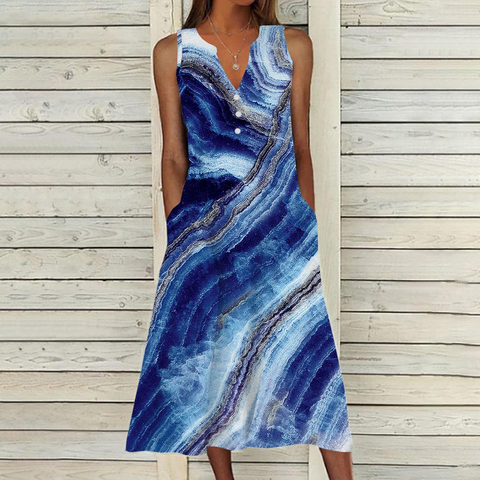 Lighten Deals of The Day Womens Summer Design Casual Dress Fashion Floral Printed Elegant Dress Sleeveless V-Neck Long Dress with Pockets Dress for Women Blue 2X