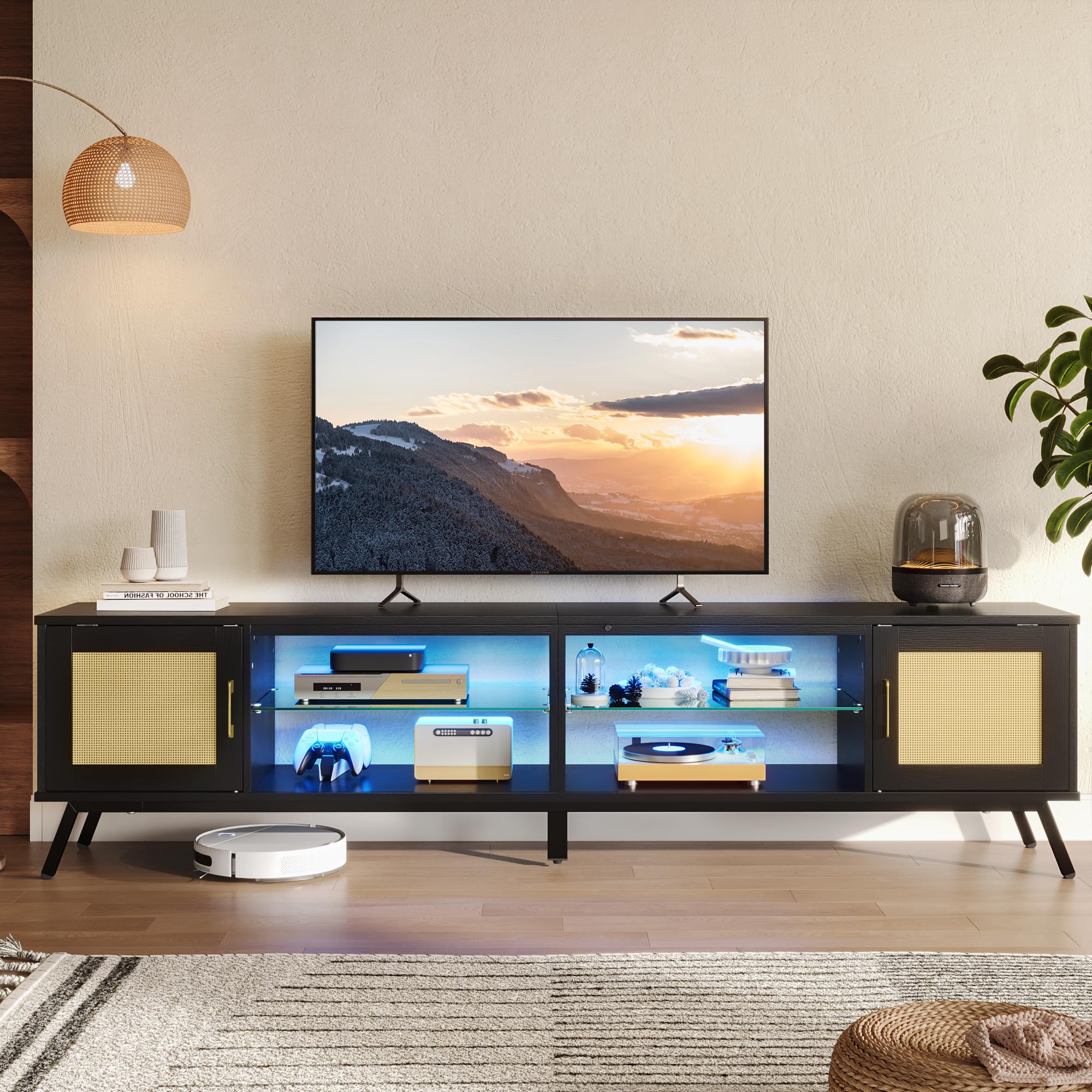 Bestier 80 Inch Black Rattan TV Stand with Storage for 85 Inch TV, 4-in-1 Mid Century Modern Entertainment Center with LED Lights, Doors and Adjustable Glass Shelves for Living Room