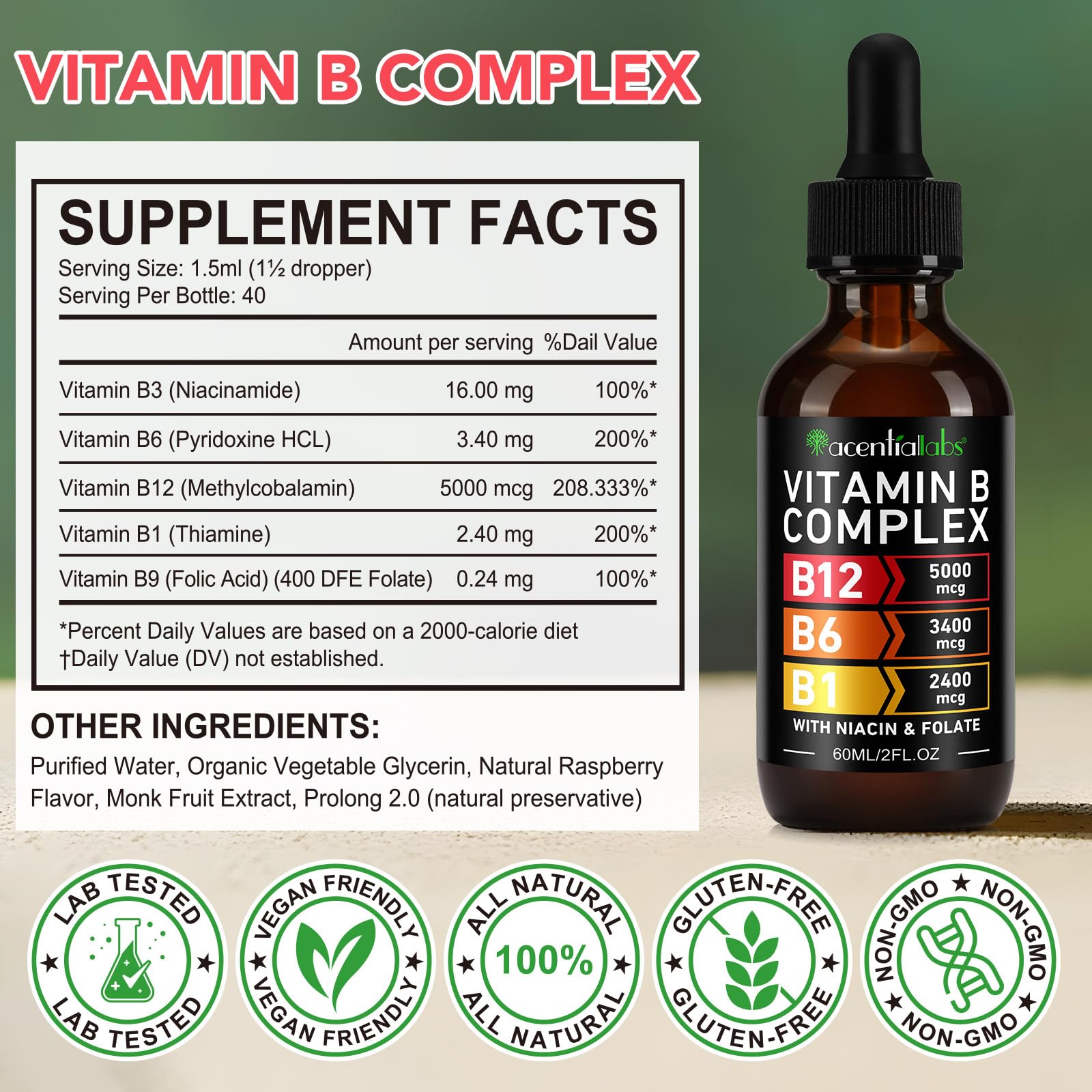 Organic Vitamin B Complex,Vitamin b Complex for Women, Vitamin B Complex Liquid, Vitamin B12 Methylcobalamin,Vitamin b6,B1,B9 for Metabolic Health Support, Vegan, Non-GMO, Gluten Free