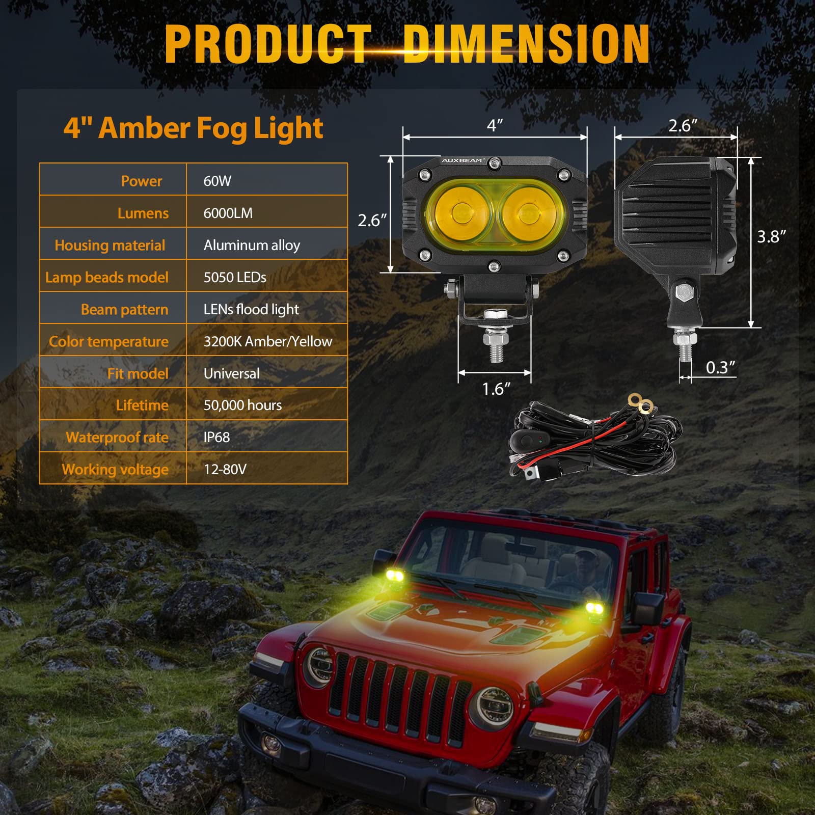 Auxbeam LED Amber Fog Light, 4Inch 60W Led Driving Offroad Lights Pod Super Bright with Wiring Harness Kit Yellow Flood Beam Pod Light for Truck SUV ATV UTV Jeep Wrangler Motorcycle