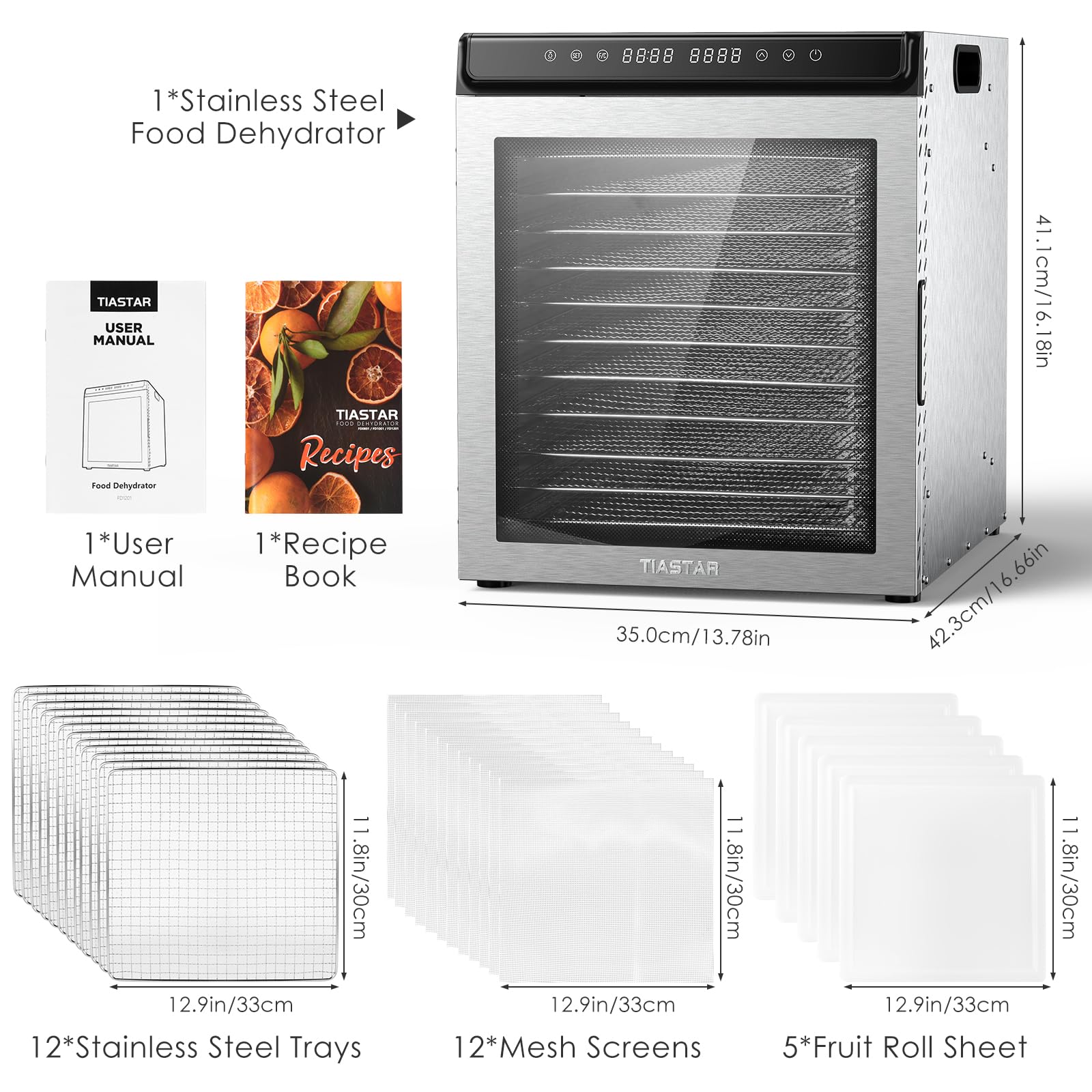 Stainless Steel Food Dehydrator Machine, 12 Trays Food Dryer, 1300W Dehydrators for Food and Jerky, 72H Timer and Temp Control, Recipes Included