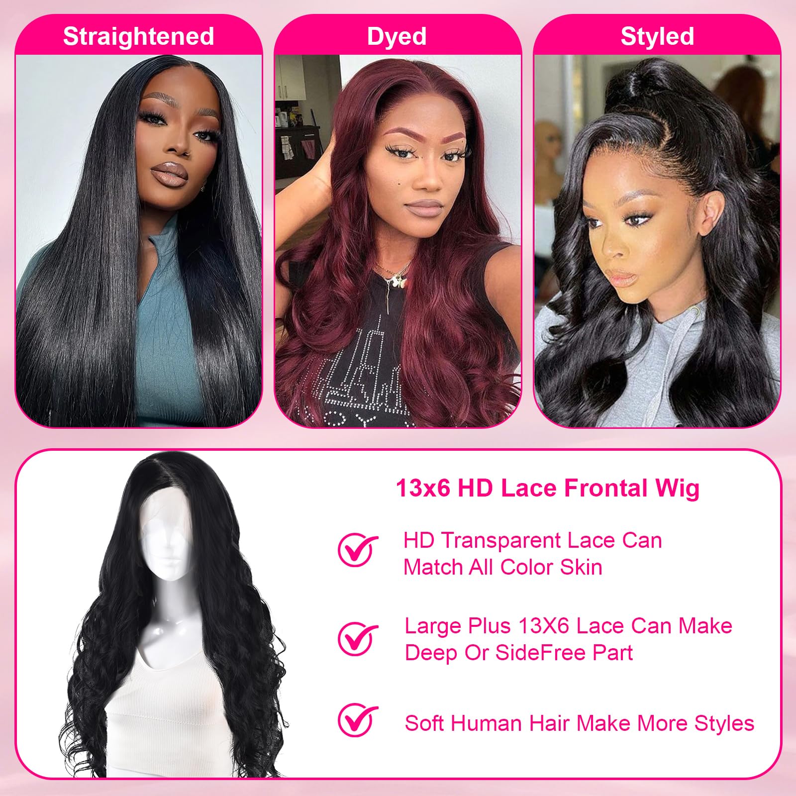 Woskar 13x6 Lace Front Wigs Human Hair 200 Density HD Lace Front Wigs Human Hair Pre Plucked Natural Color Glueless Wig 100% Virgin Human Hair for Women Natural Black (32 inch)