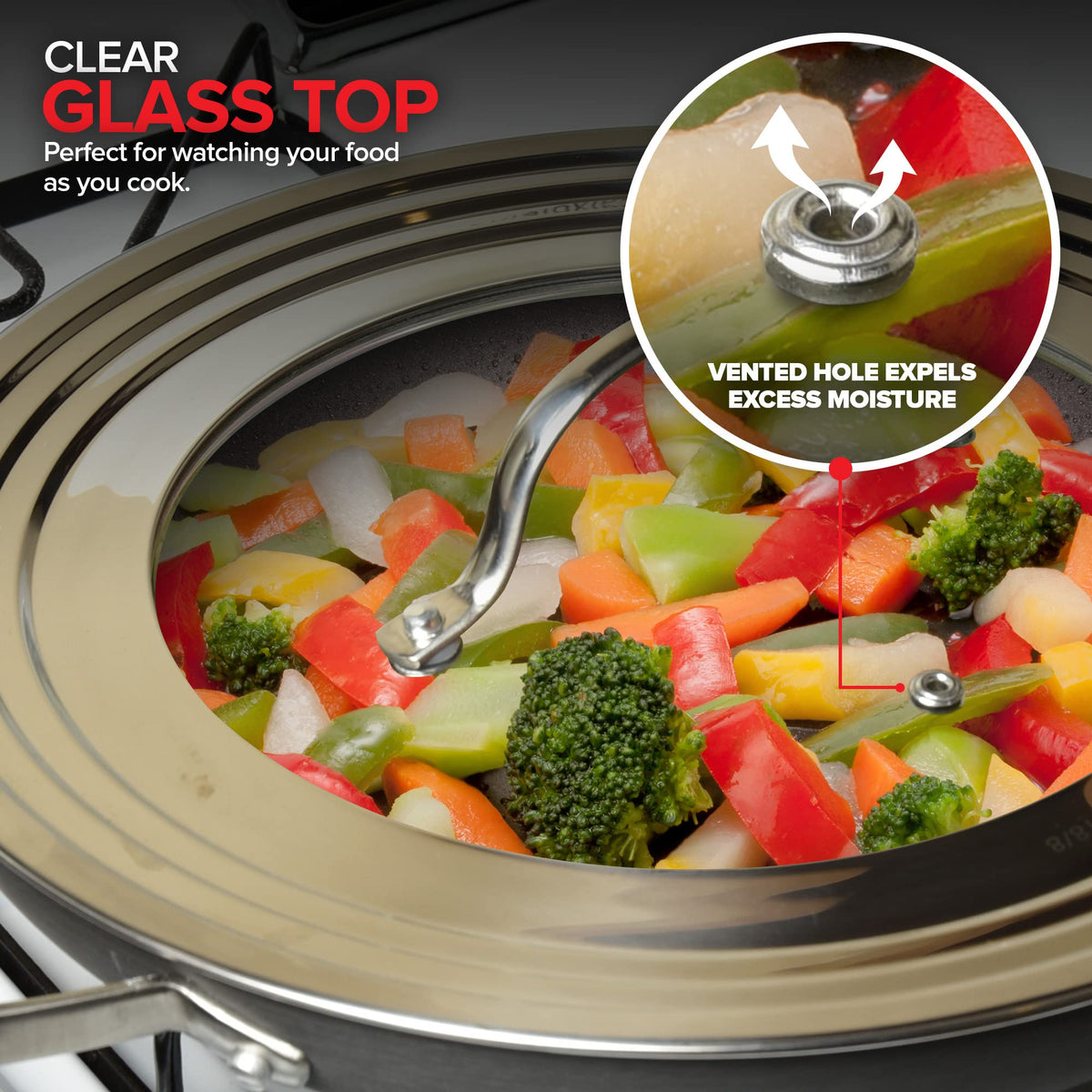 Modern Innovations Universal Lid with Tempered Glass Top for Pots & Pans, Fits 8.25, 9, 10, 11, and 12 Inch Cookware - Large Replacement Frying Pan Cover, Cast Iron Skillet Lids - Stainless Steel