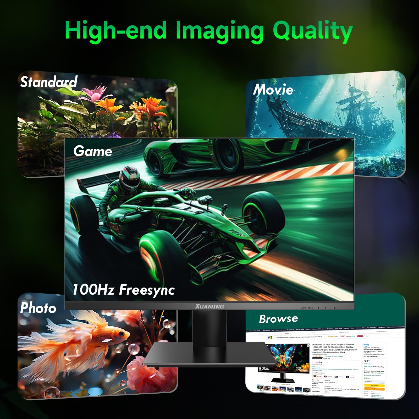 memzuoix Monitor 24 Inch 100Hz, Computer Monitor with HDMI VGA Ports, 1080P PC Monitor with Low Blue Light IPS Eye Care, Build-in FreeSync and Audio Out, FHD VESA Compatible for Home Office