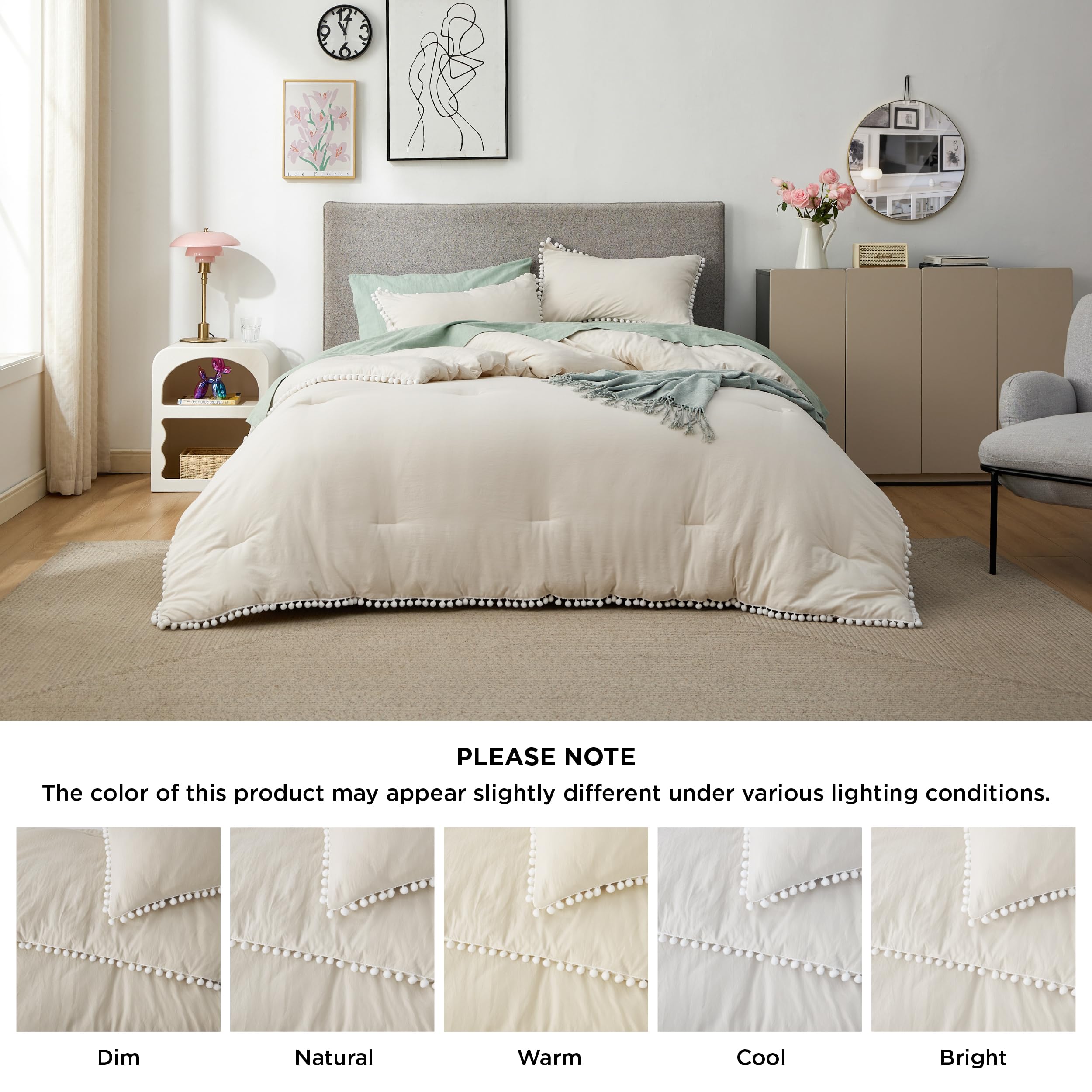 Bedsure Beige Queen Comforter Set - Pom Pom Comforter, Boho Bedding Comforter Set, 3 Pieces Vintage Shabby Chic Bed Set for All Seasons, Fluffy Soft Bedding Set with 2 Pillow Shams