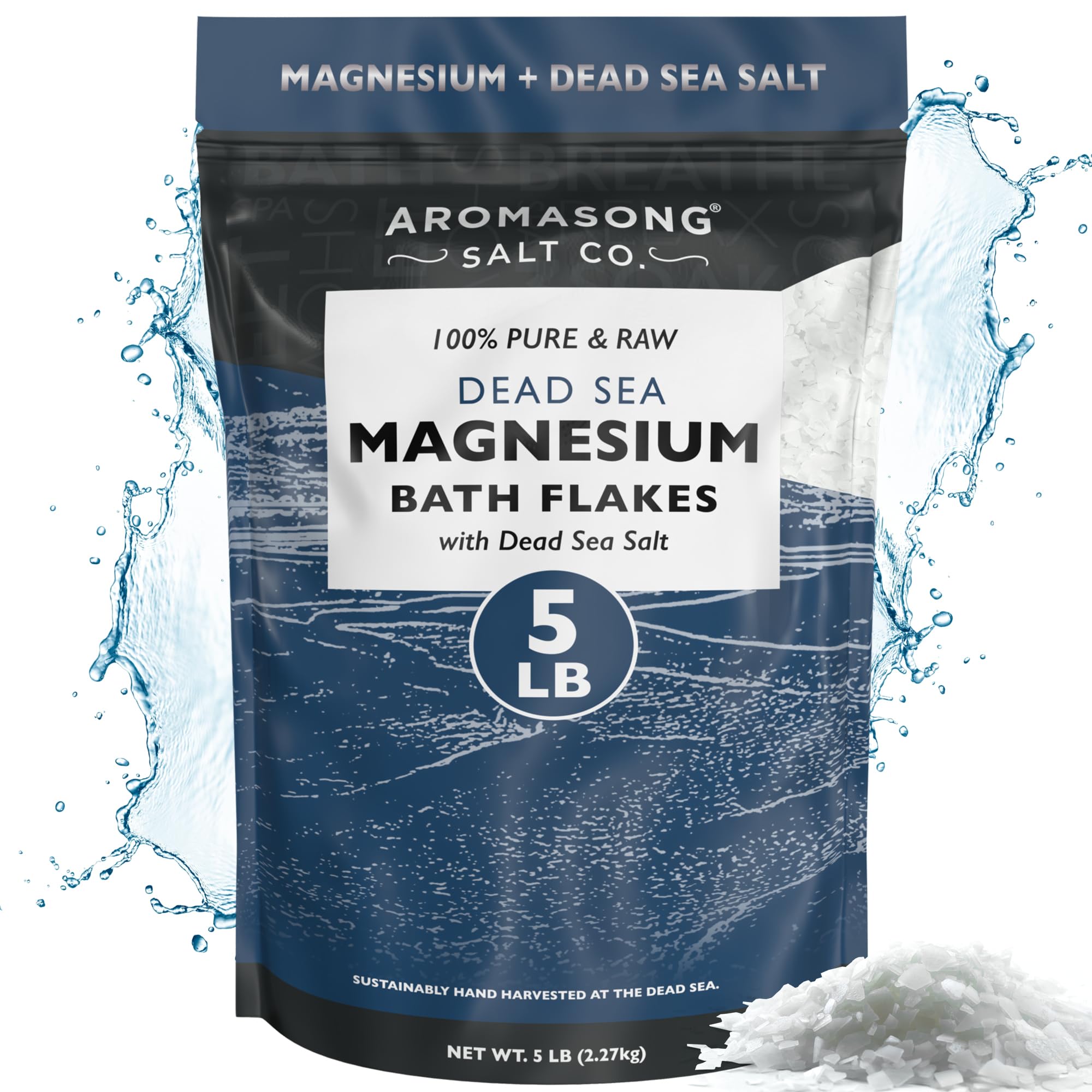 Aromasong Raw Magnesium Flakes for Bath + Dead Sea Salt for Soaking - 5 Lb Resealable Pack Magnesium Chloride Flakes - Organic Bath Salt Relaxing Mineral Soak (Packaging May Vary)