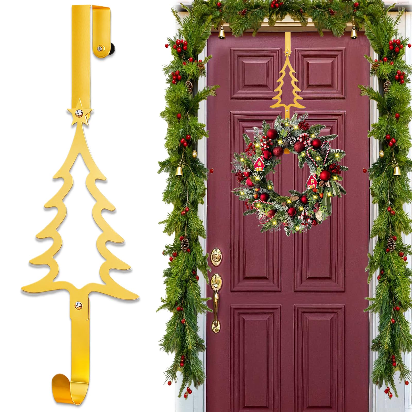 AMOEJOV Wreath Hangers for Front Door, Christmas Tree Over The Door Hooks 15" Metal Front Door Hangers Sturdy Wreath Holder for Xmas Party Festival Front Porch Home Decor