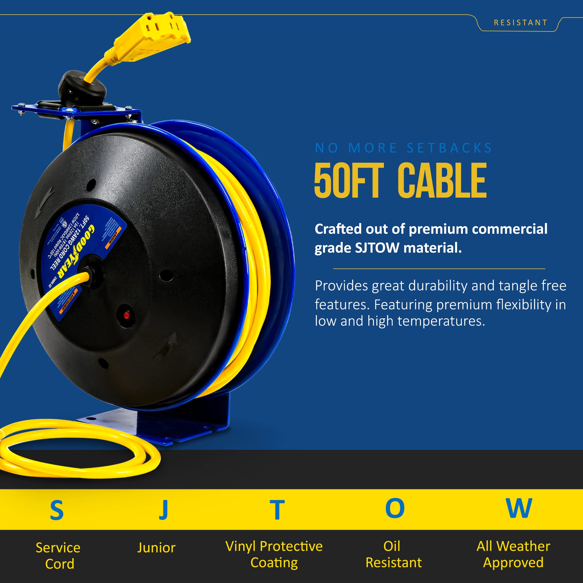 Goodyear Extension Cord Reel Retractable 12AWG x 50' Feet 3C SJTOW Cable Triple Tap Connector Power Rating 125 Volt AC 13 Amp 1625 Watt Industrial Steel Single Arm