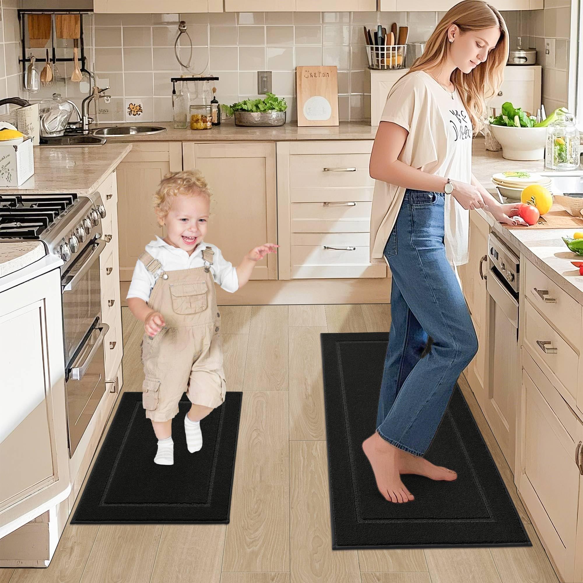 JSEI Non-Slip Kitchen Mats, Self Adhesive No Sliding Kitchen Rugs Set of 2, Washable Absorbent Floor Mat for Kitchen, Bathroom, Laundry Room, Bedroom, 20”x32”+32”x48”, Black, Rectangular Pattern
