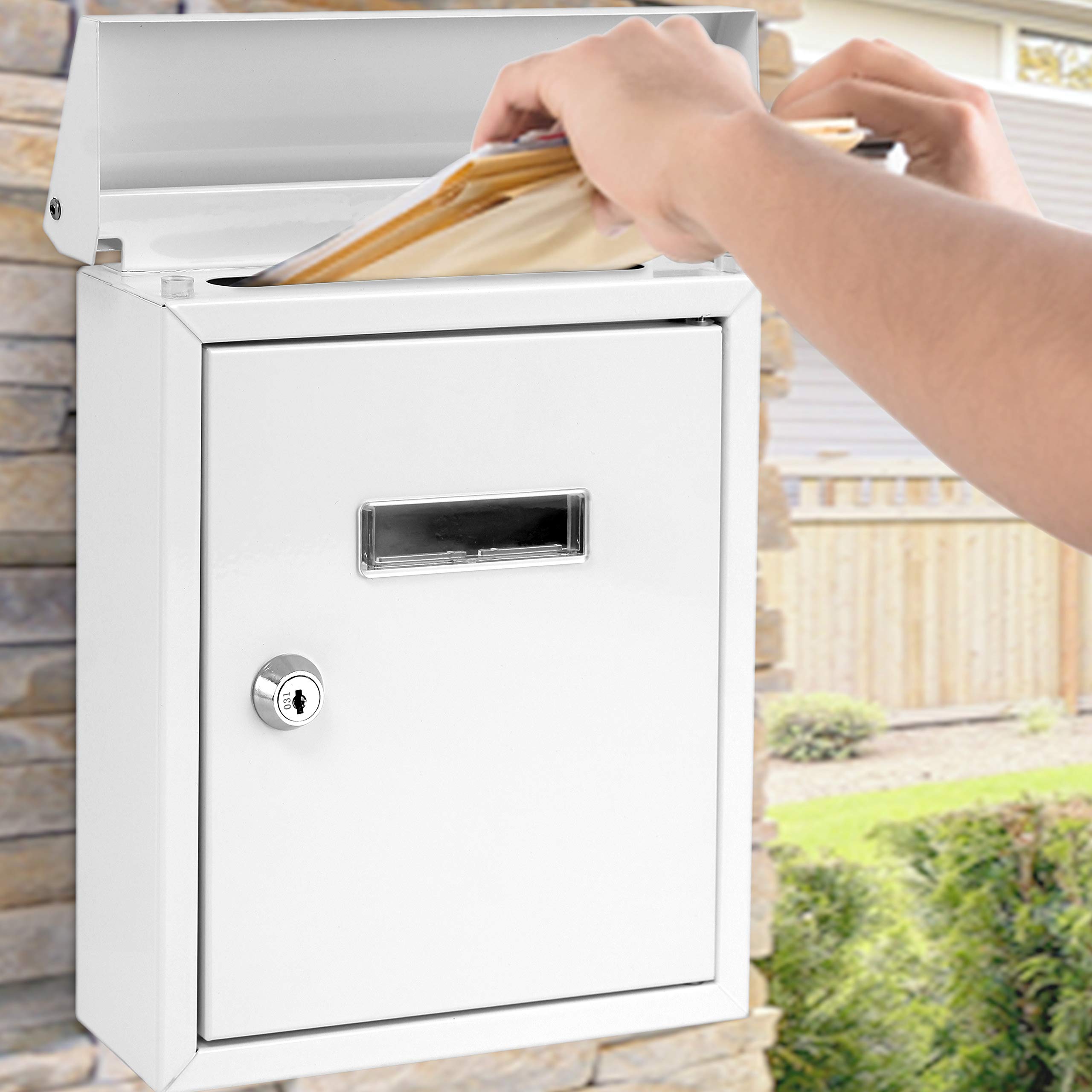 Serenelife Weatherproof Wall Mount Locking Mailbox Galvanized Steel Drop Box with Metal Flap for Mail Letters, Newspaper, Money Box, Decorative Mailboxes for Outside, Home Office, Businesses