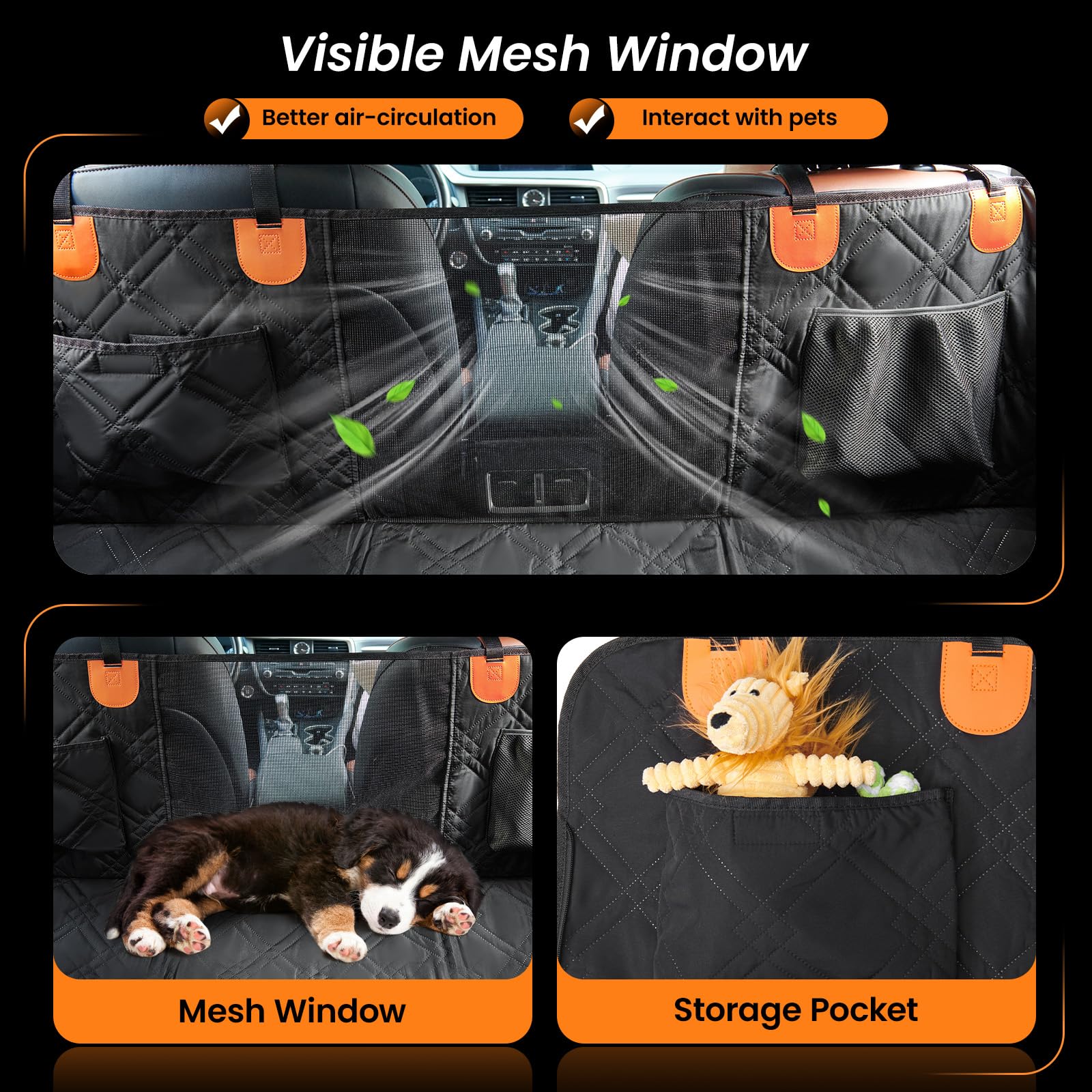 Roilpet Dog Car Back Seat Cover, Pet Car Hammock for Back Seat with Adjustable Belt, Universal Fit for Cars, Trucks, SUV, Back Seat Extender for Dogs, Black