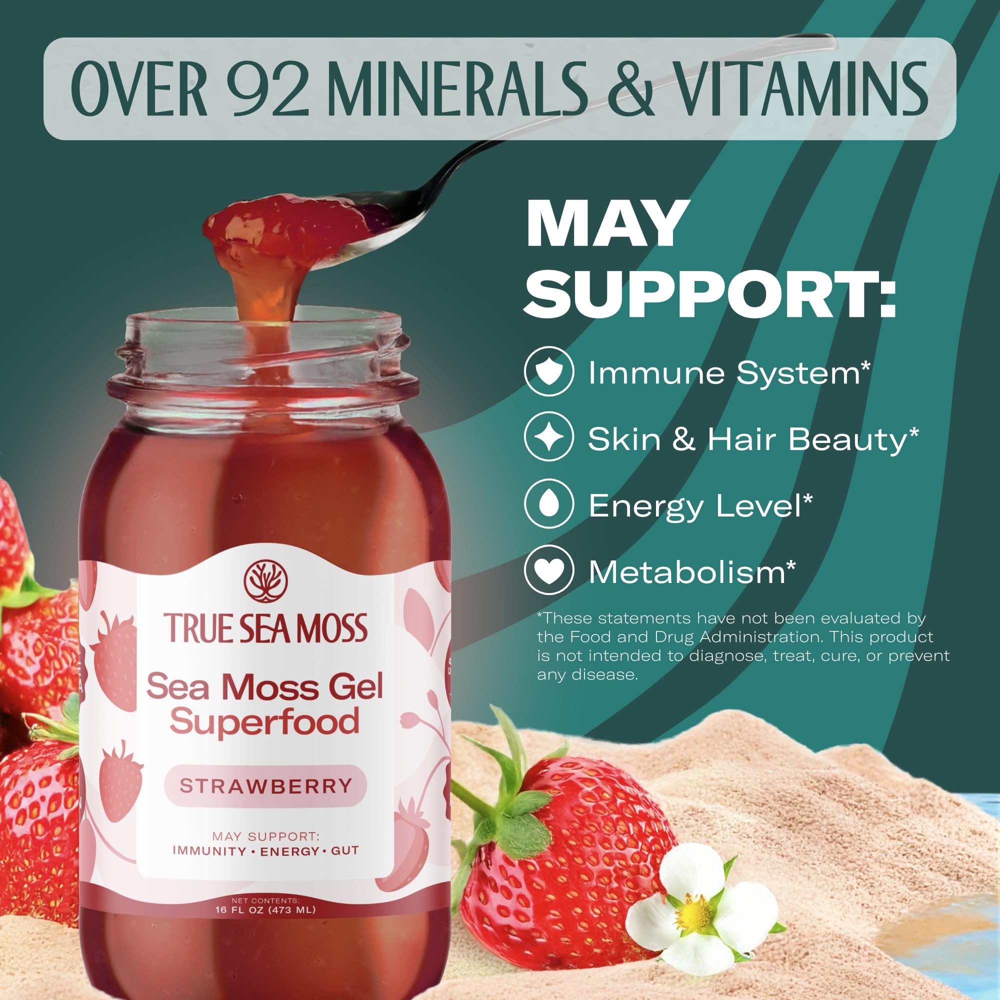 TrueSeaMoss Sea Moss Gel – Made in USA – Wildcrafted Seamoss, Fresh Fruits & Sea Vegetables – Strawberry, Pack of 1 (Labels may Vary)