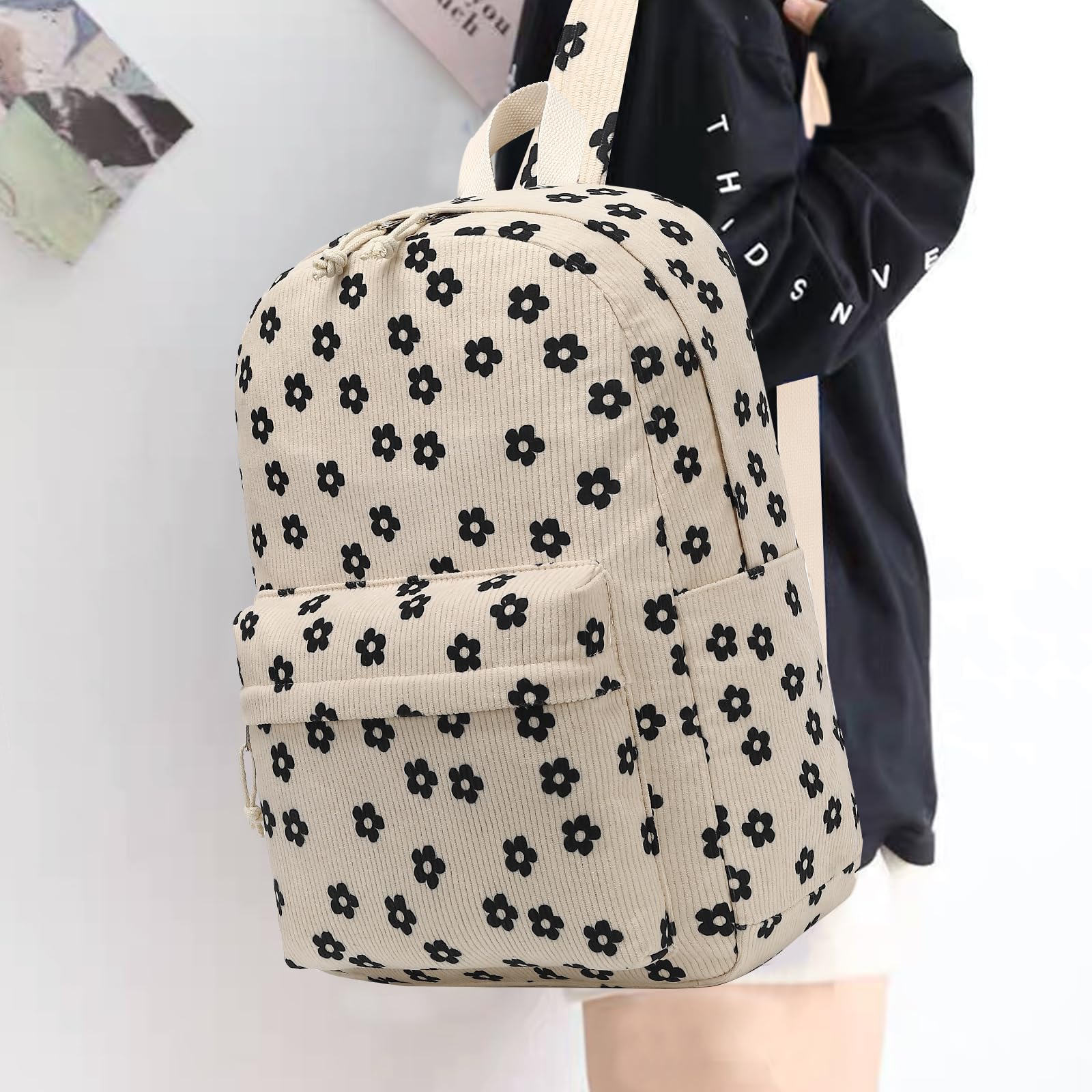 Bluboon School Backpack for Teen Girls Bookbags Elementary High School Corduroy Laptop Bags Women Travel Daypacks(Beige Corduroy Floral