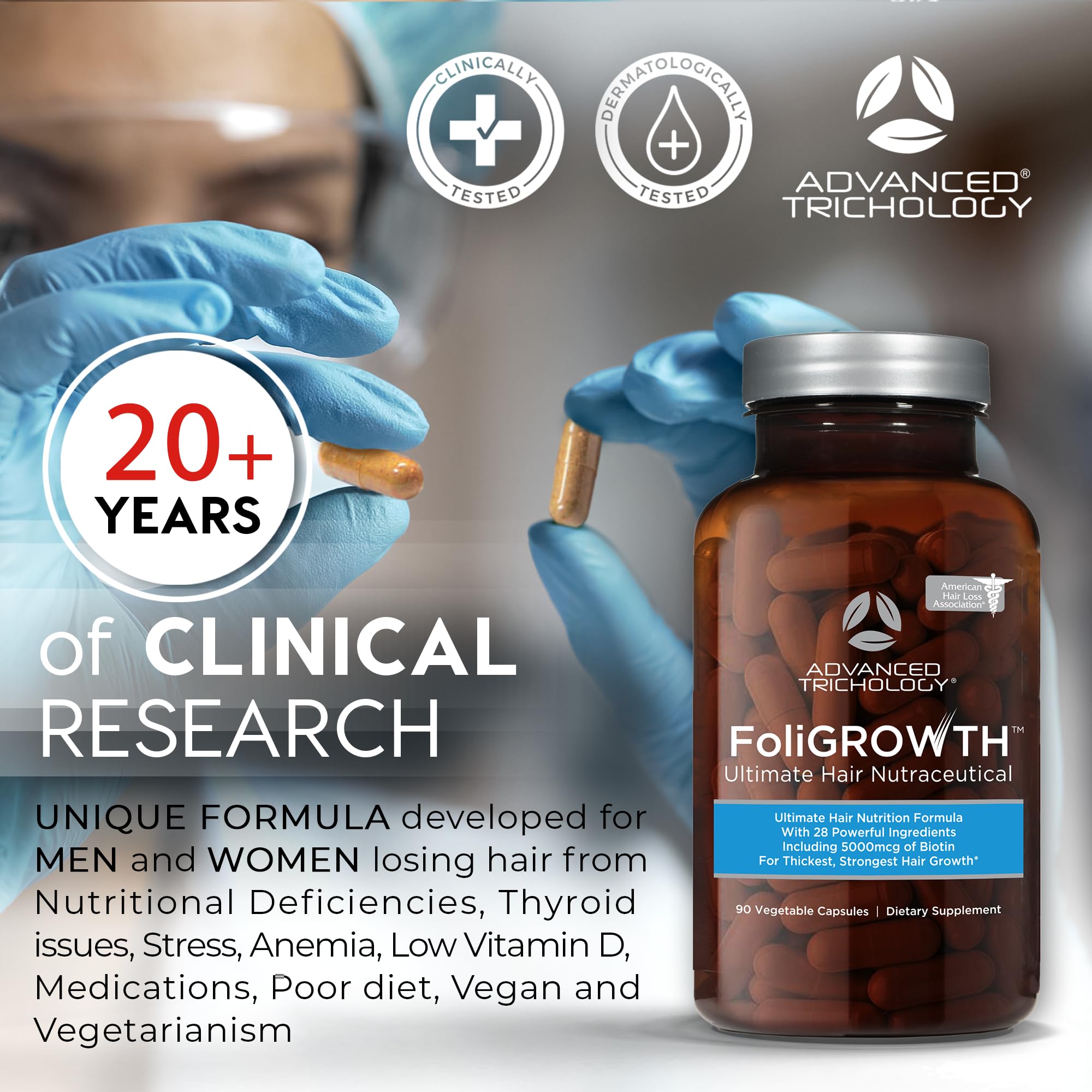 Advanced Trichology FoliGROWTH™ Hair Growth Supplement for Thicker Fuller Hair | Approved* by the American Hair Loss Association | Revitalize Thinning Hair - 90 Count (Pack of 1)