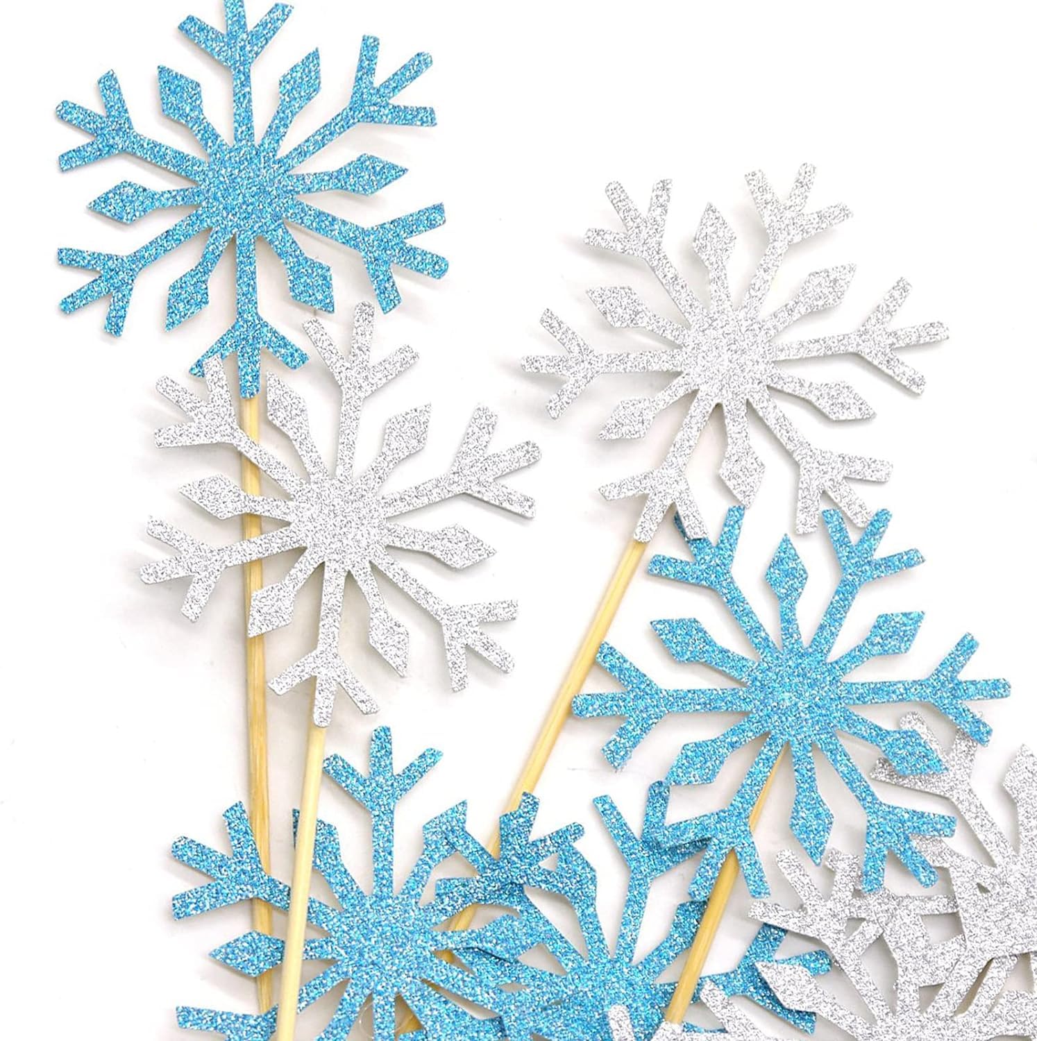 PartyWoo Frozen Cake Toppers, 20 pcs Snowflakes Cupcake Topper Set, Glitter Silver and Blue for Frozen Cake Winter Wonderland Birthday Party Decorations
