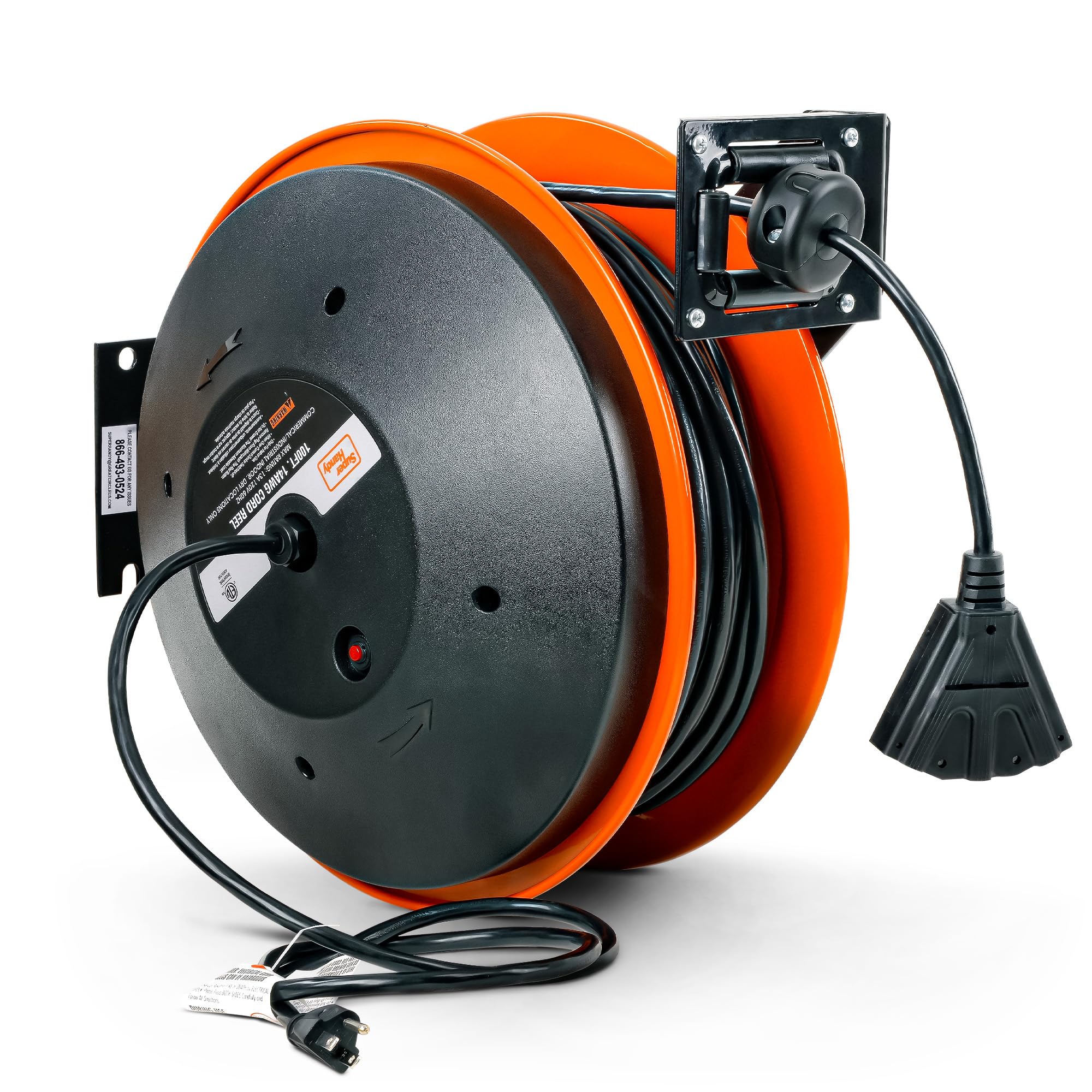 SuperHandy Extension Cord Reel Retractable 14AWG x 100' Feet 3C SJTOW Cable Triple Tap Connector Power Rating 125 Volt AC 13 Amp 1625 Watt Industrial Steel Single Arm