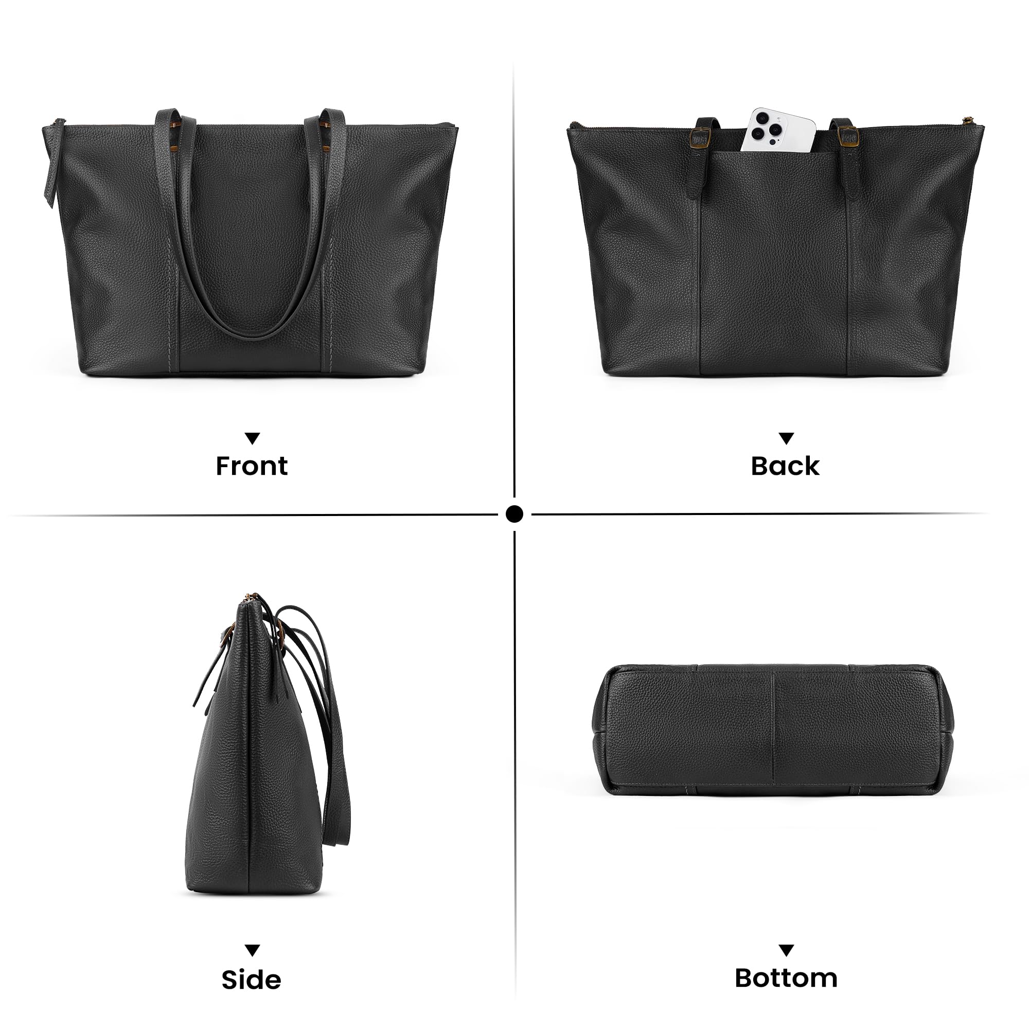 befen Vintage Genuine Leather Tote Bag for Women Work Large Tote Purse with Zipper Womens Top-Handle Handbags Black Purse with Compartments Designer Satchel Shoulder with Adjustable Strap for Travel