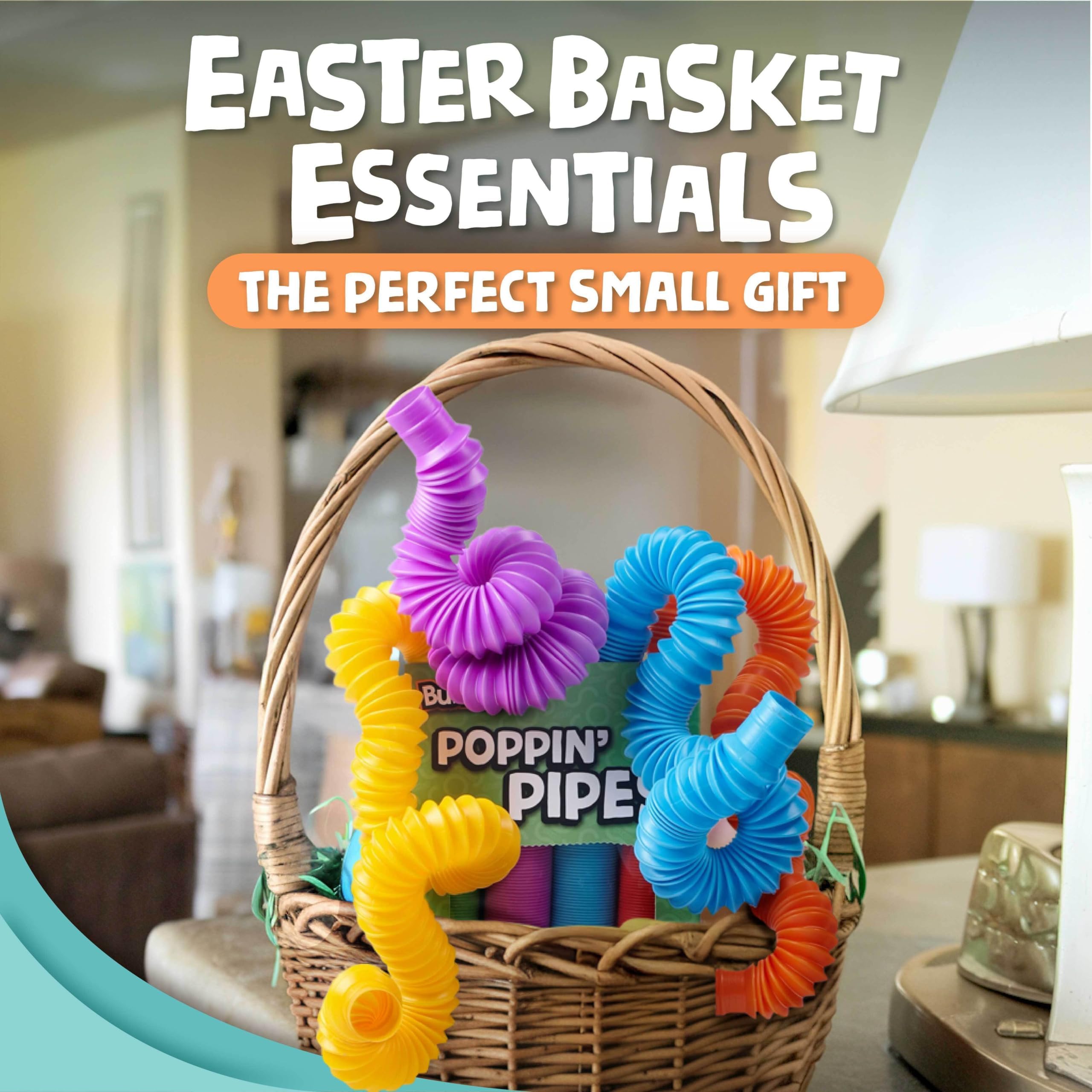 BUNMO Easter Basket Essentials - Pop Tubes - Sensory Toys - Toddler Toys 4 Pack Large, Easter Basket Essentials - Stretchy Strings - Sensory Toys - Glitter 6 Pack