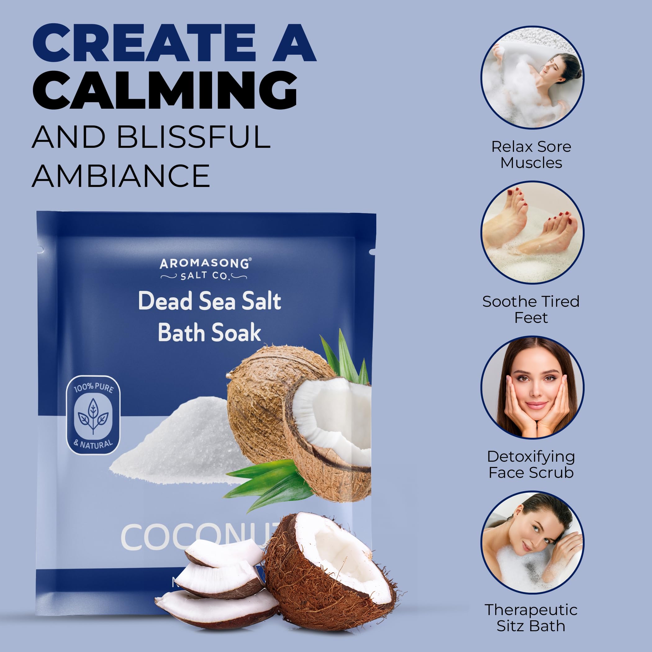 Aromasong Unscented Dead Sea Bath Soak 14 oz + Coconut Dead Sea Salt 2.5 oz Bundle – Mineral-Rich Skin Softening, Relaxation & Tropical Aromatherapy for Home Spa and Foot Soaks