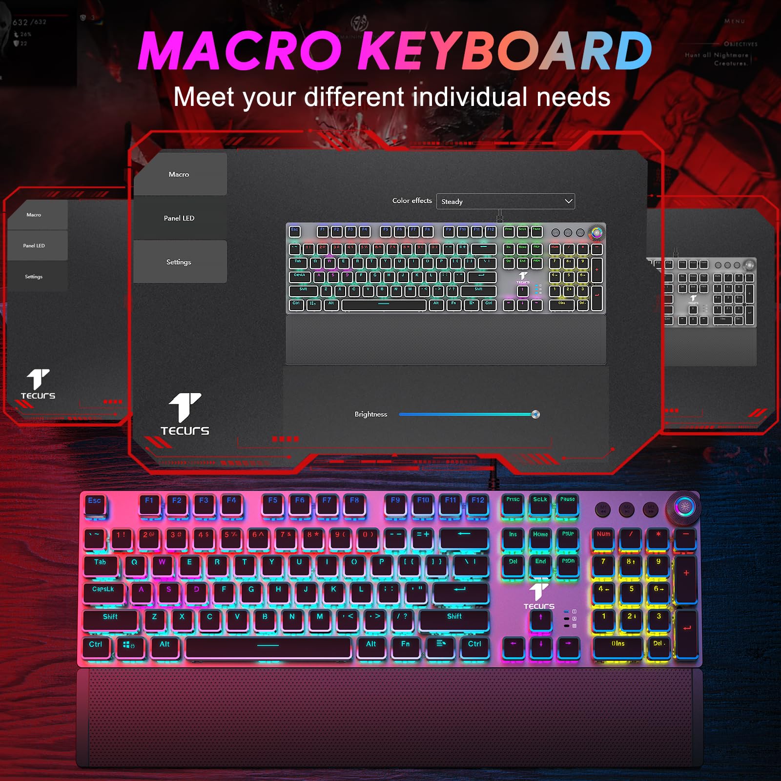 TECURS Gaming Keyboard Mechanical Keyboard with Magnetic Wrist Rest, Backlit PC Typewriter Keyboard LED, 104 Keys, Red Switch, Media Control Knob - Compatible with Windows/Mac/PC