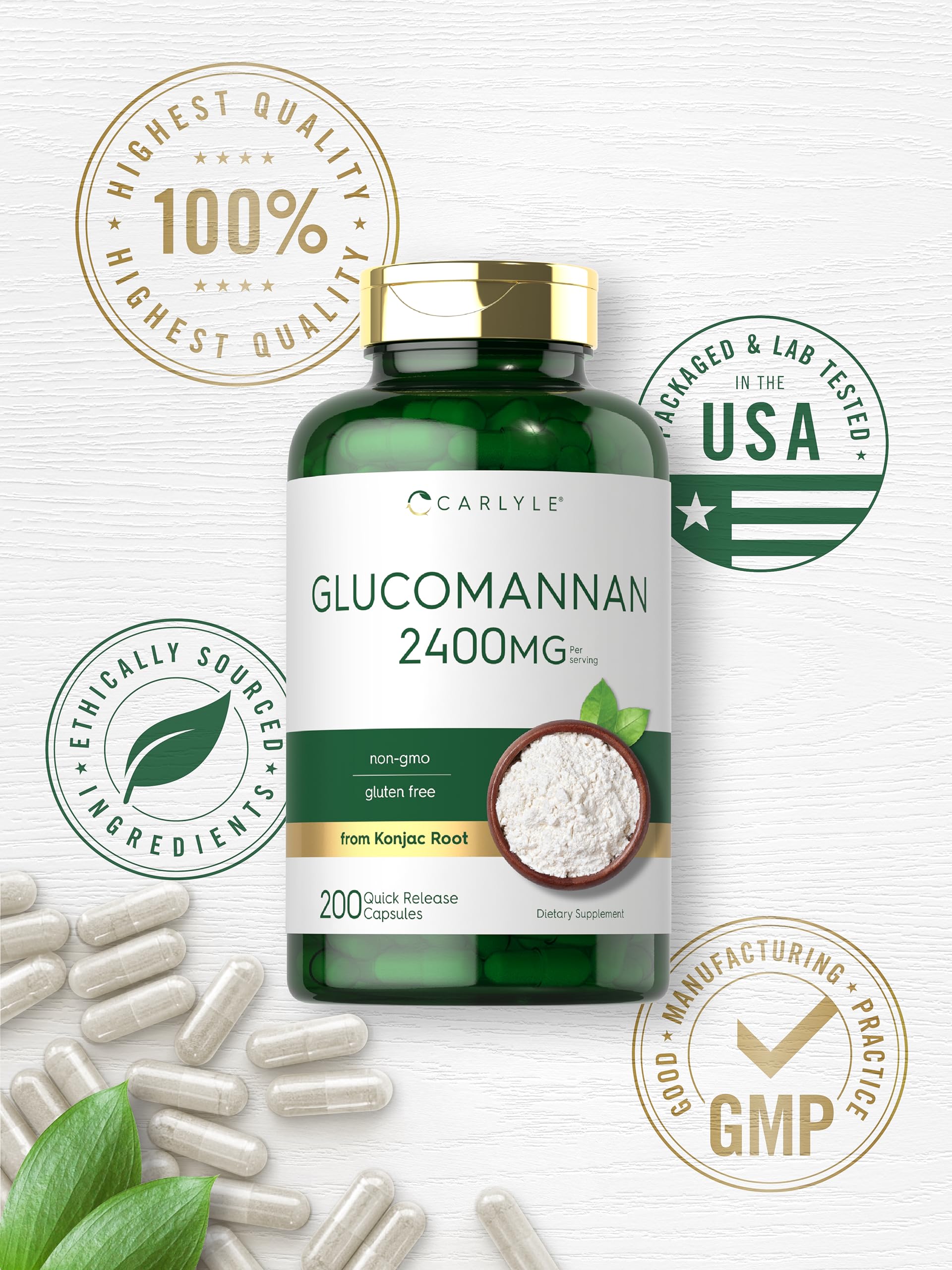 Carlyle Glucomannan Capsules | 200 Count | Soluble Fiber Pills | Non-GMO, Gluten Free Supplement