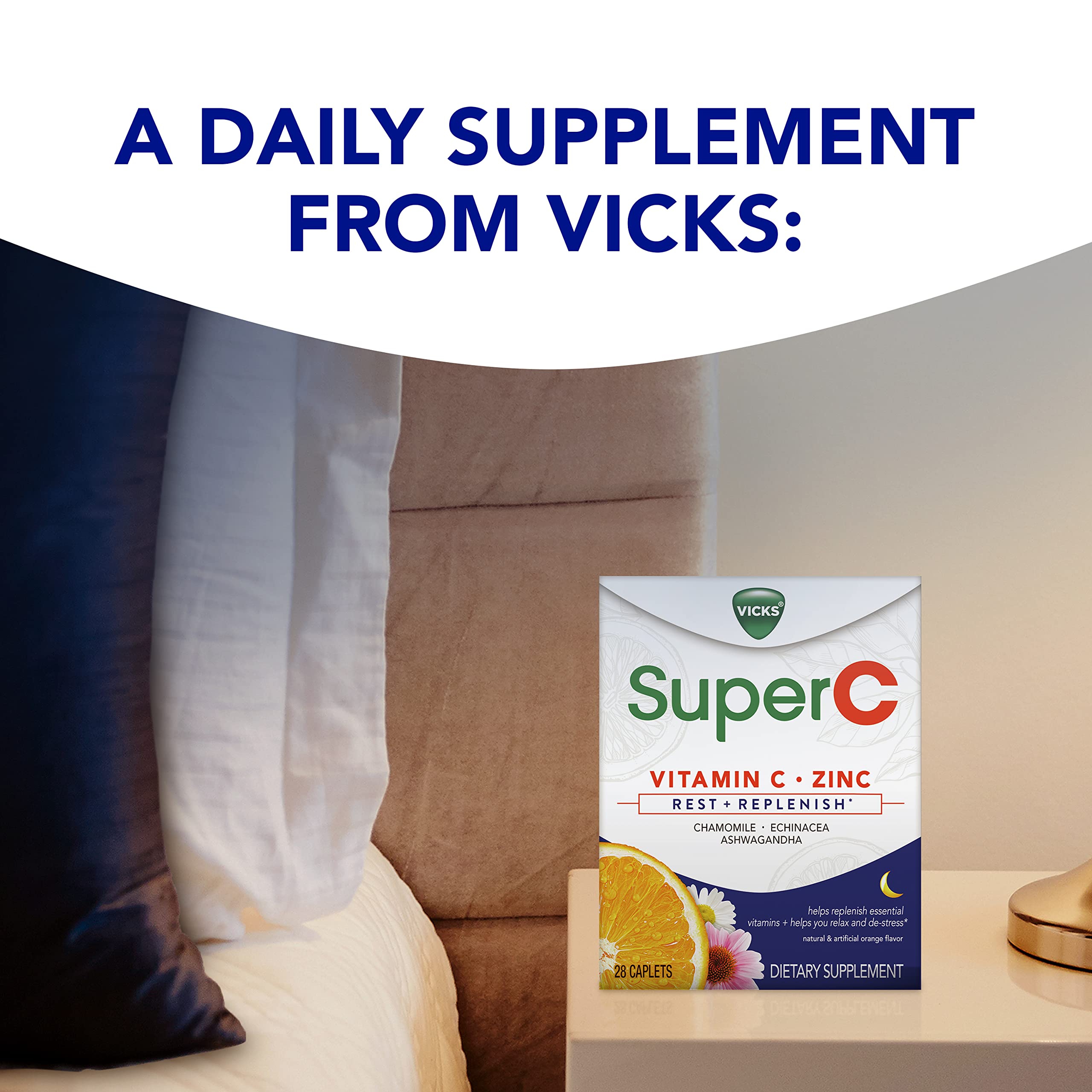 Super C Nighttime Daily Supplement to Rest and Replenish with Vitamin C, B Vitamins, and a Blend of Quality Herbal Extracts, Coated to be Easy to Swallow, from The Makers of Vicks, 28 ct