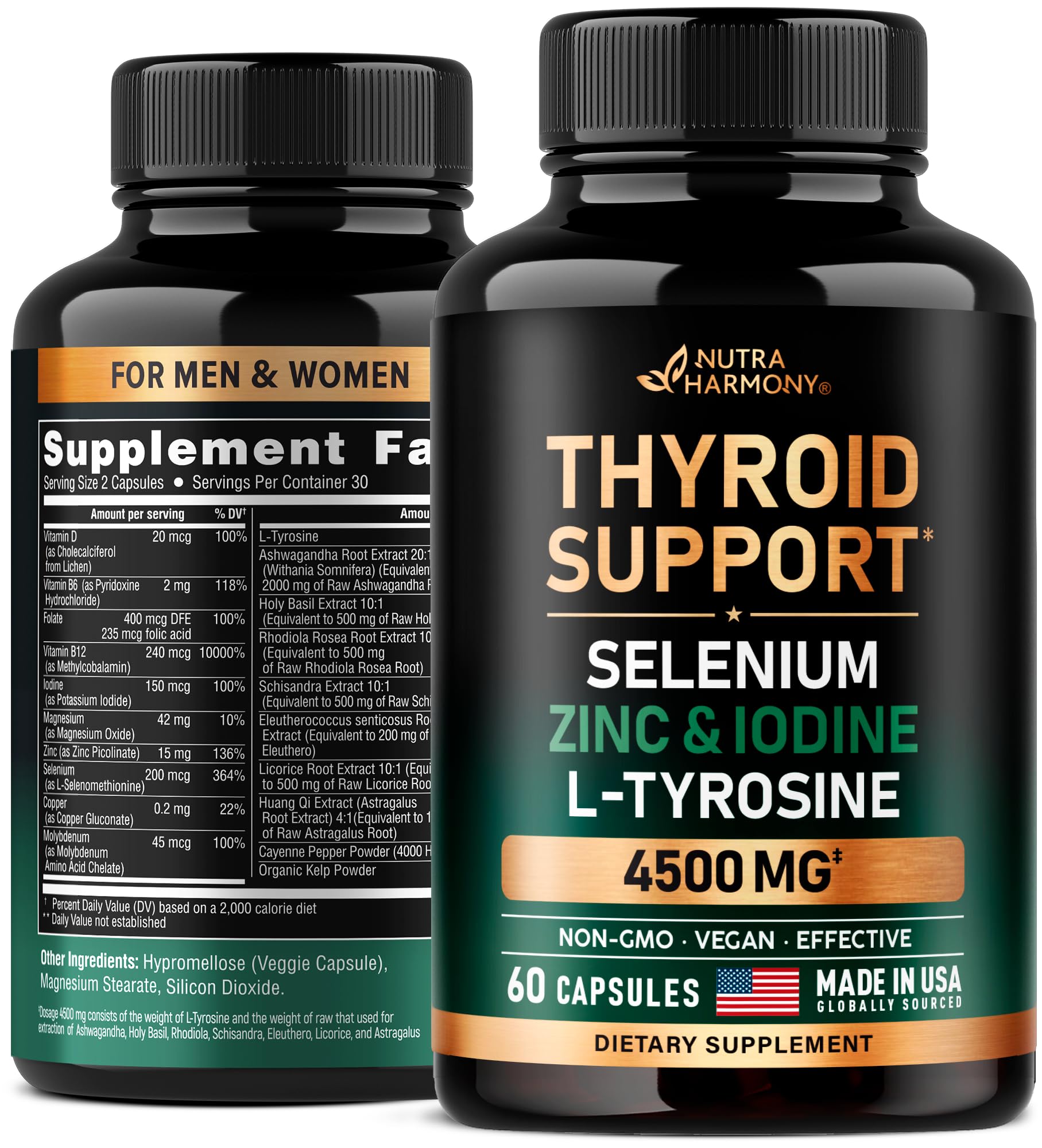 Thyroid Support for Women - Selenium 200 mcg | Zinc & Iodine | L-Tyrosine | Magnesium | Adaptogen Herbs - 20-in-1 Antioxidant & Immune Support - Vegan, Non-GMO, Lab Tested - 60 Capsules, Made in USA