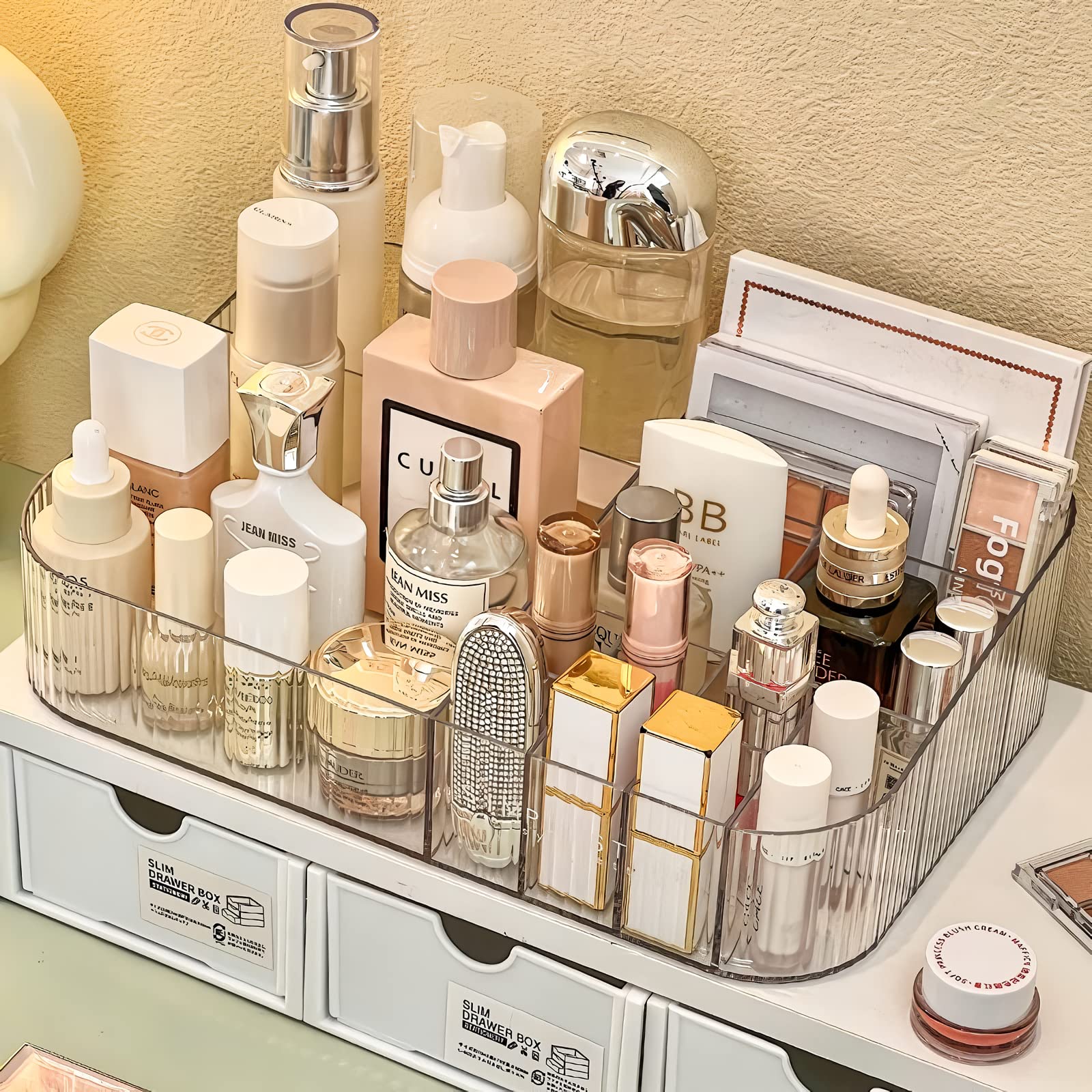 Decorcode Clear Vanity Makeup Organizer | 12-Compartment Holder for Brushes, Eyeshadow Palettes, & Beauty Supplies | Stacks Storage Drawers