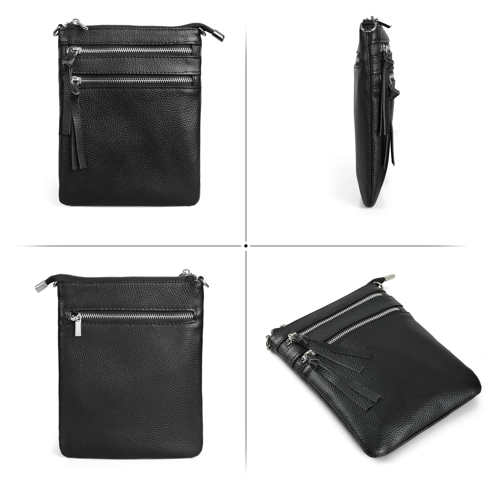 befen Small Black Genuine Leather Crossbody Purses for Women Trendy, Mini Shoulder Cross Body Bags Tripple Zipper Pouch Purse Travel - Fit iPhone 14 Pro Max