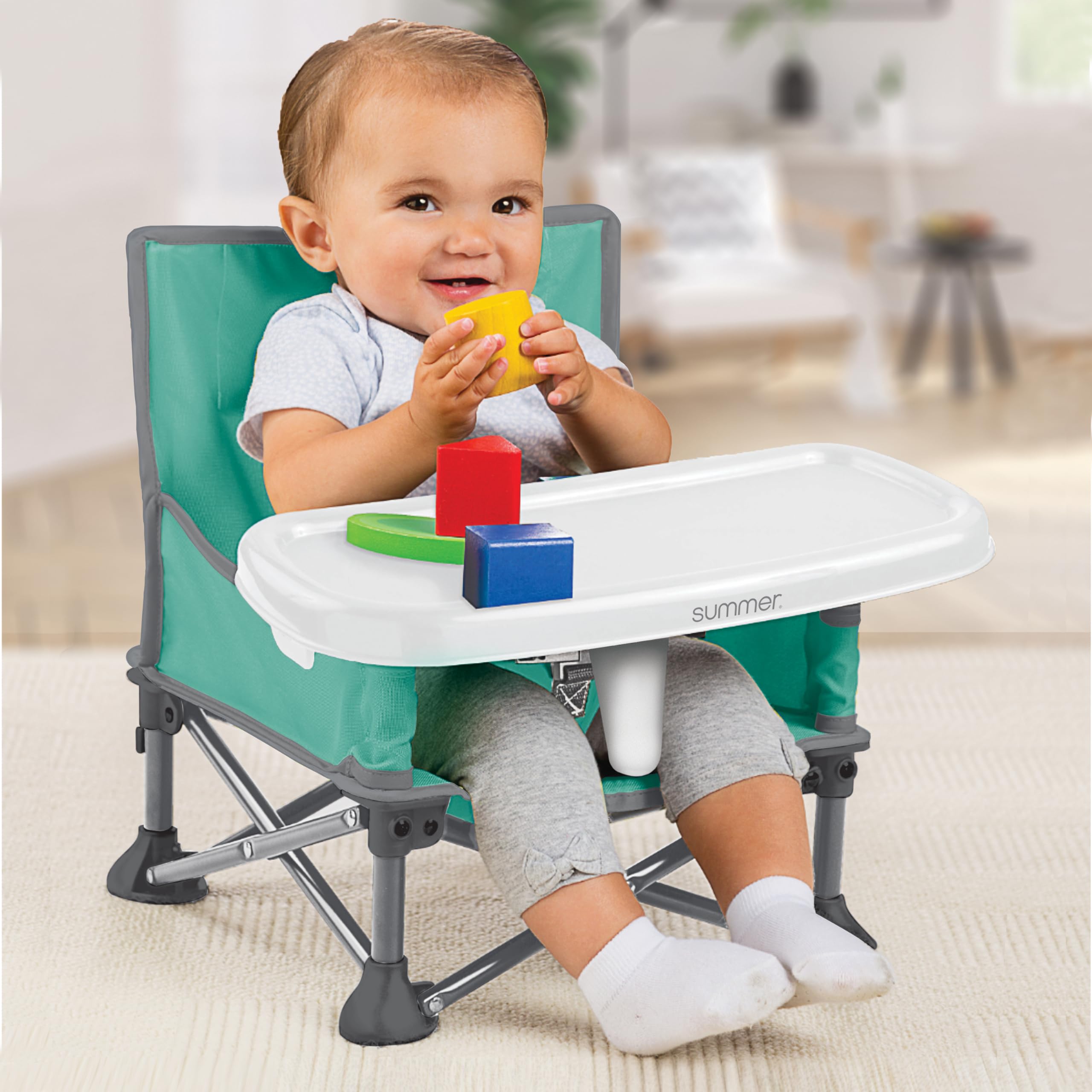Summer by Bright Starts Pop 'N Sit Portable Booster Chair, Floor Seat, Indoor/Outdoor Use, Compact Fold, Teal, 6 Mos - 3 Yrs