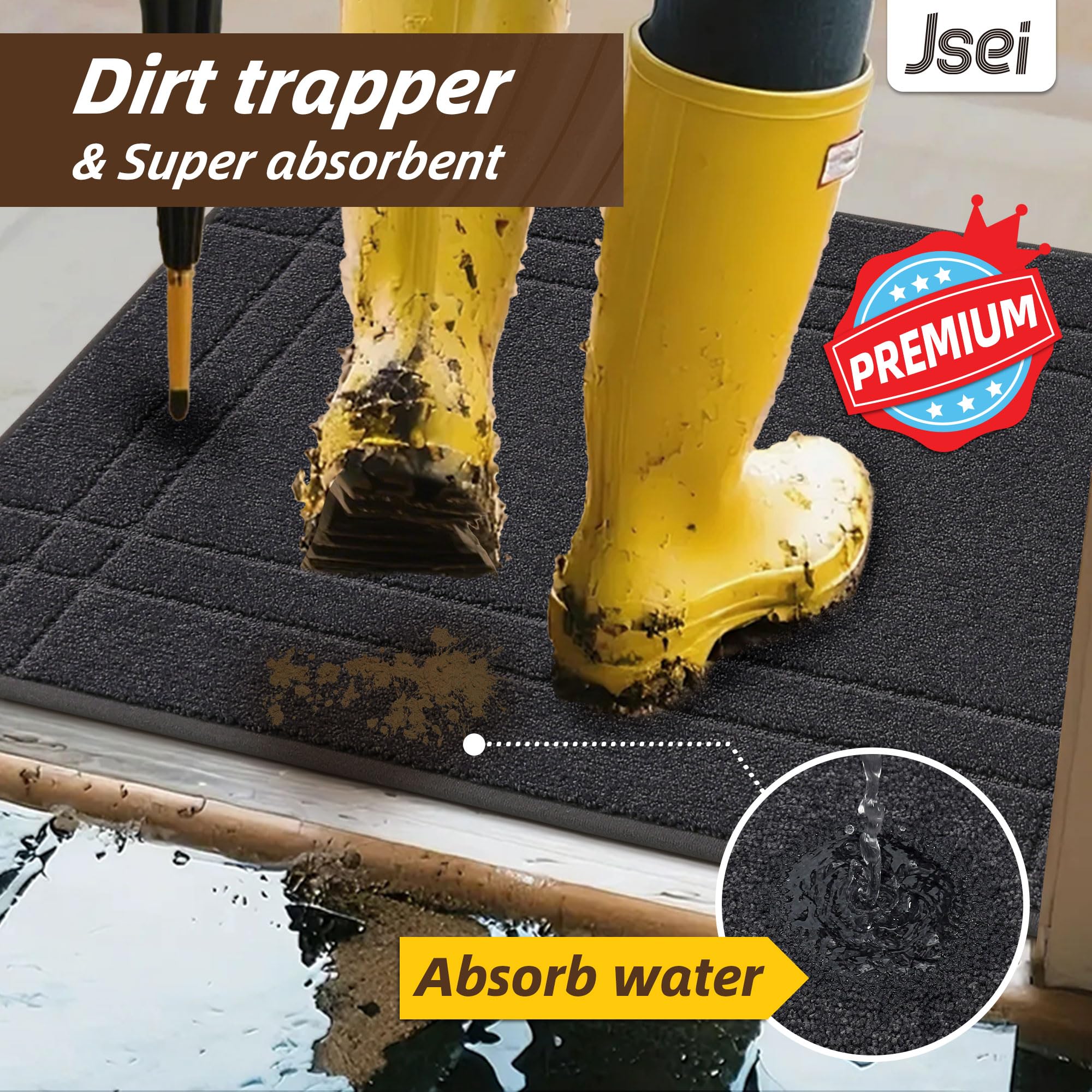 JSEI Entryway Rugs Doormat 24"x36", Non-Slip Dirt Trapper Door Mats Indoor, Washable Absorbent and Stain Resist Welcome Floor Mat for Front Door, Dog Door Mat, Muddy Wet Shoes & Paws, Dark Grey
