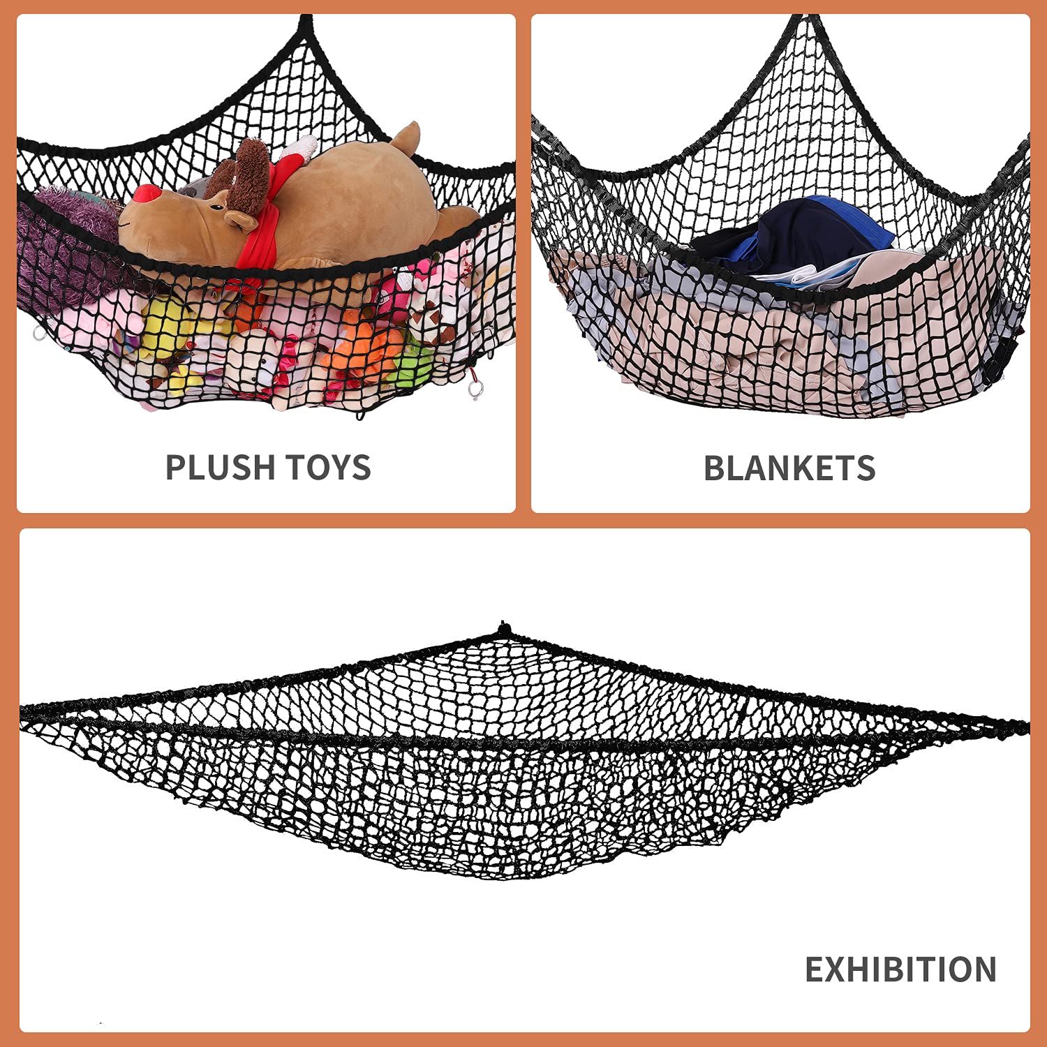 Stuffed Animal Hammock, Toy Hammock Storage Net, LXUNYI Mesh Toy Net Holder Jumbo Wall Corner Giant Baby Kids Children Stuff animals Hammocks Net Organizer for Bedroom (Black, 84 inch)