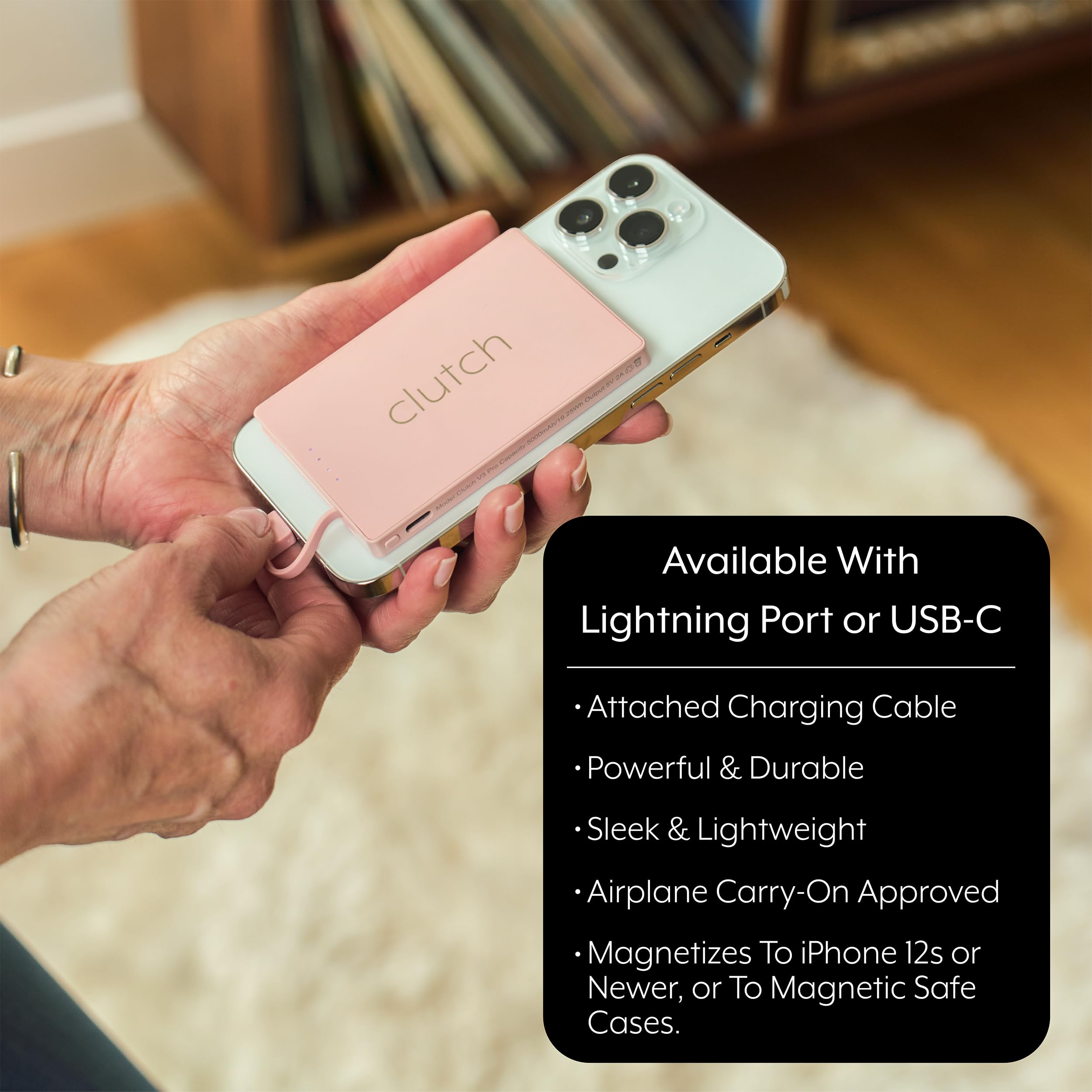 Clutch - Pro USB-C Portable Charger - Compatible with iPhone 15 & Android Devices - Power Bank Magnetic Battery - TSA Travel Approved - USB Rechargeable - Built-in Cable - 5000 mAh - 3.7oz - Pink