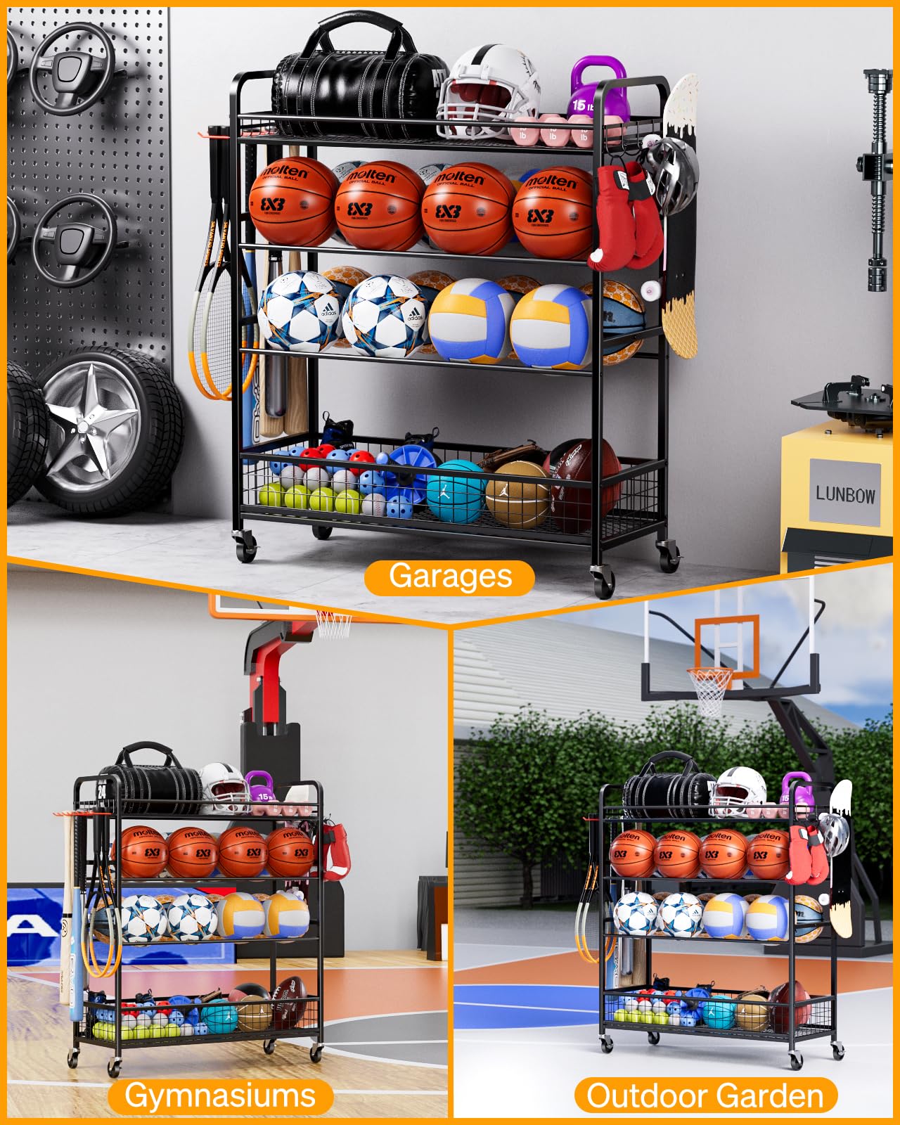 EXTCCT Garage Sports Equipment Organizer - Rolling Ball Storage Bin with Wheels, Garage Sports Gear Rack Outdoor Basketball Racks for Balls with Baseball Bat Holder and Hooks, Toy Organizer