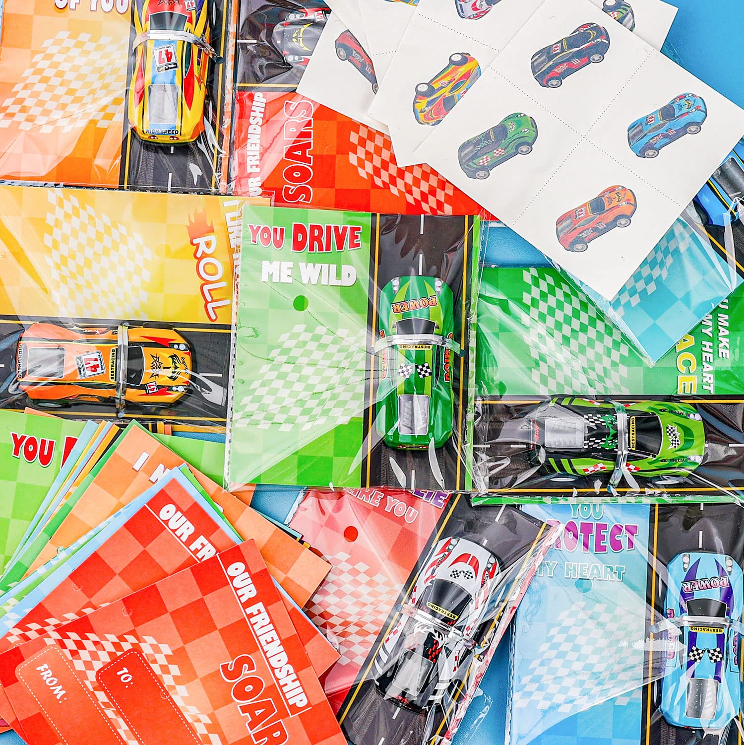 Valentines Day Cards for Kids - 32 Pack Race Cars Valentines Greeting Cards with Pull Back Cars Toys & Temporary Tattoos, Valentines Day Exchange Gift Cards for Boys Classroom School Party Supplies