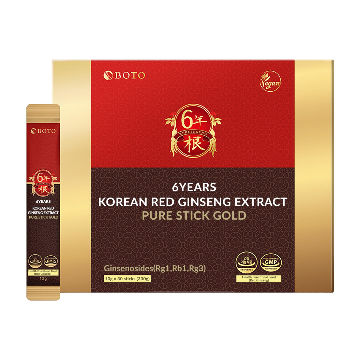 BOTO 6 Years Korean Red Ginseng Gold Extract Natural Energy Supplements Nitric Oxide Brain Natural Immune Support Liquid Portable Sticks 30 Sachet for 1 Month