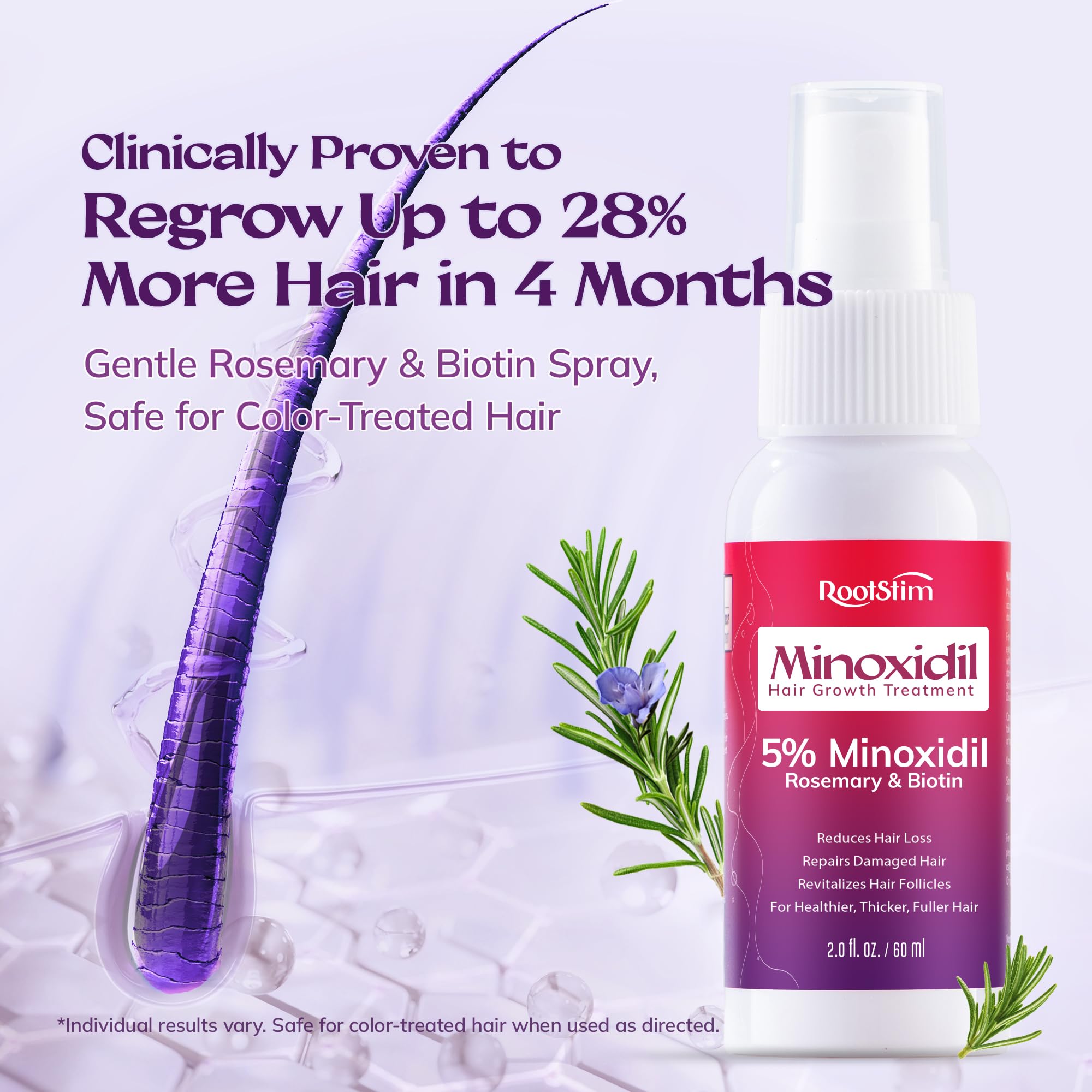 Women's 5% Minoxidil Spray for Hair Growth: 2-Pack RootStim Extra Strength Minoxidil with Rosemary & Biotin for Thinning Hair Regrowth and Fuller Hair - 60ML Each
