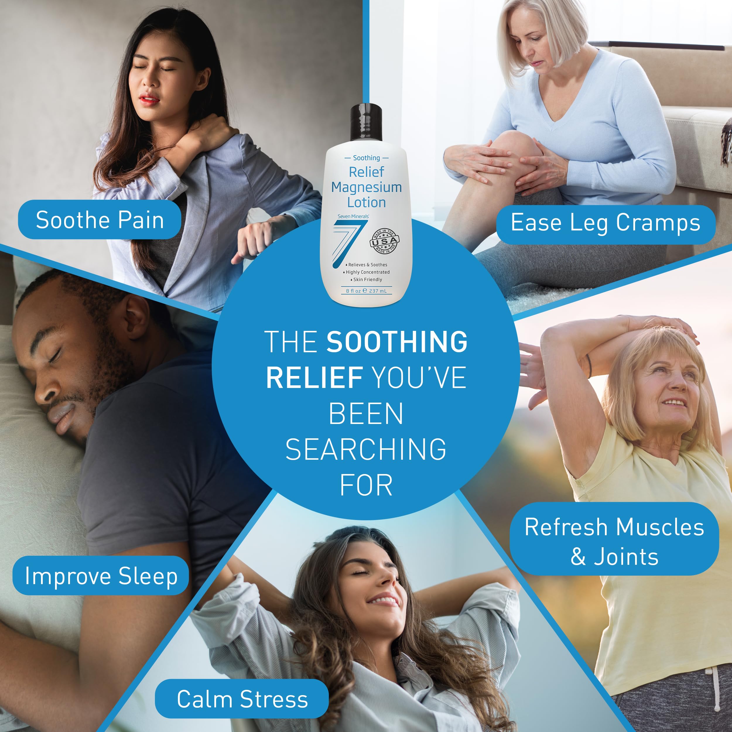 Seven Minerals Magnesium Lotion for Soothing Relief & Relaxation - Highly Concentrated Magnesium for Better Sleep, Feet & Joint Care. Non-Greasy Lotion with Skin Friendly Ingredients - 8 fl oz