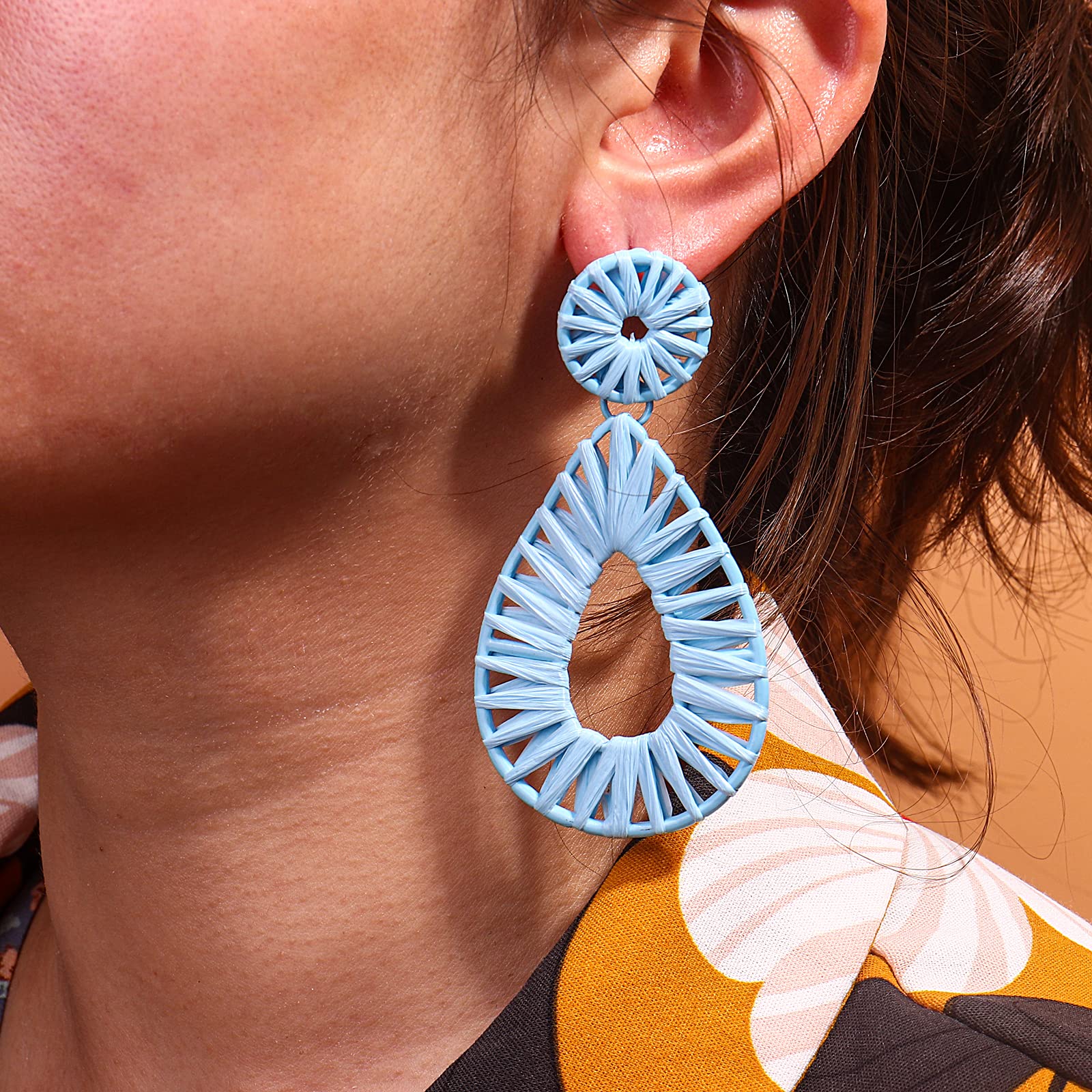 Boho Raffia Earrings Statement Teardrop Earrings Drop Dangle Bohemian Earrings for Women Cute Handmade Earring for Girls(Light Blue)
