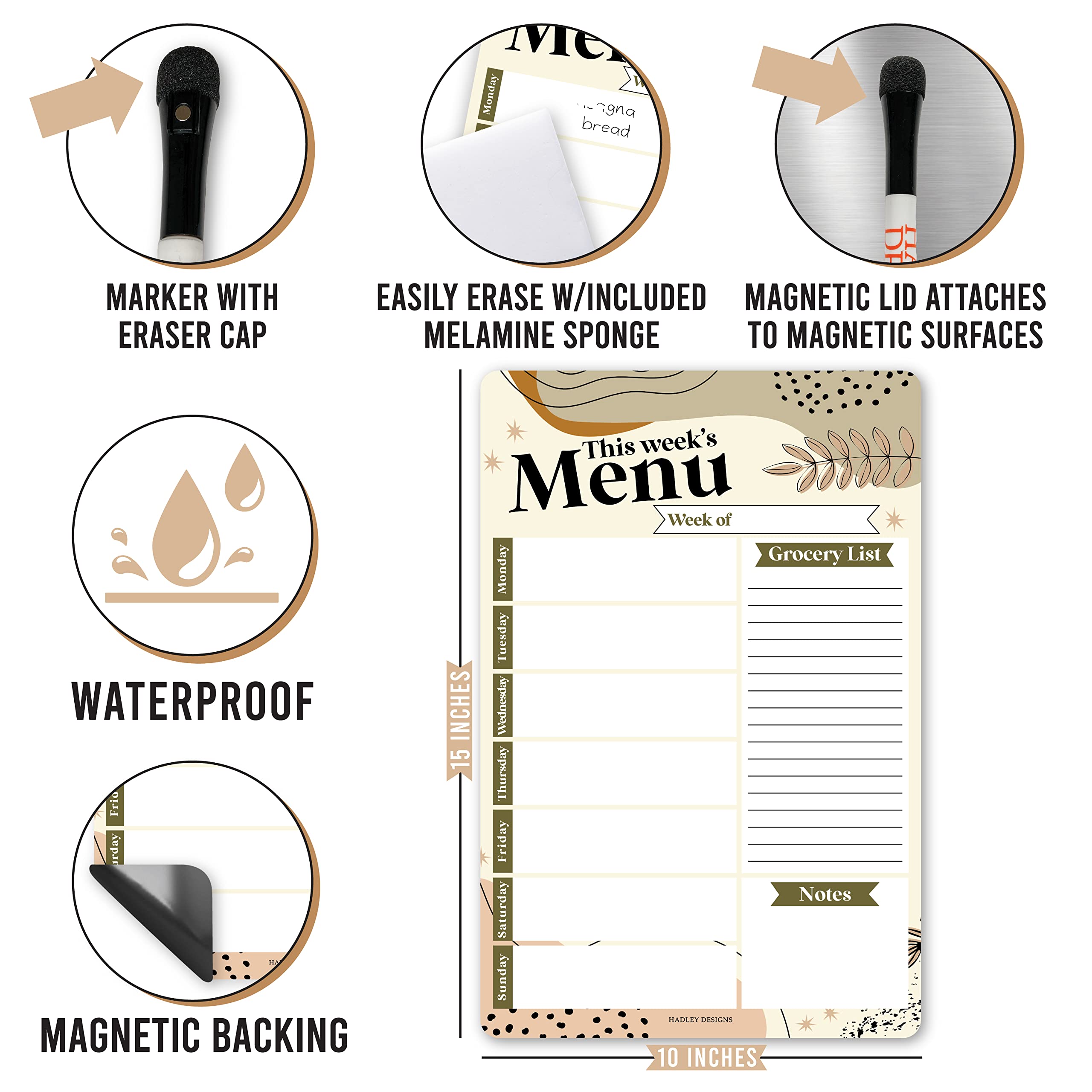 Hadley Designs Boho Magnetic Weekly Meal Planner Dry Erase Board for Refrigerator - Weekly Dinner Menu Board for Kitchen Conversion Chart Magnet, Grocery List Magnet